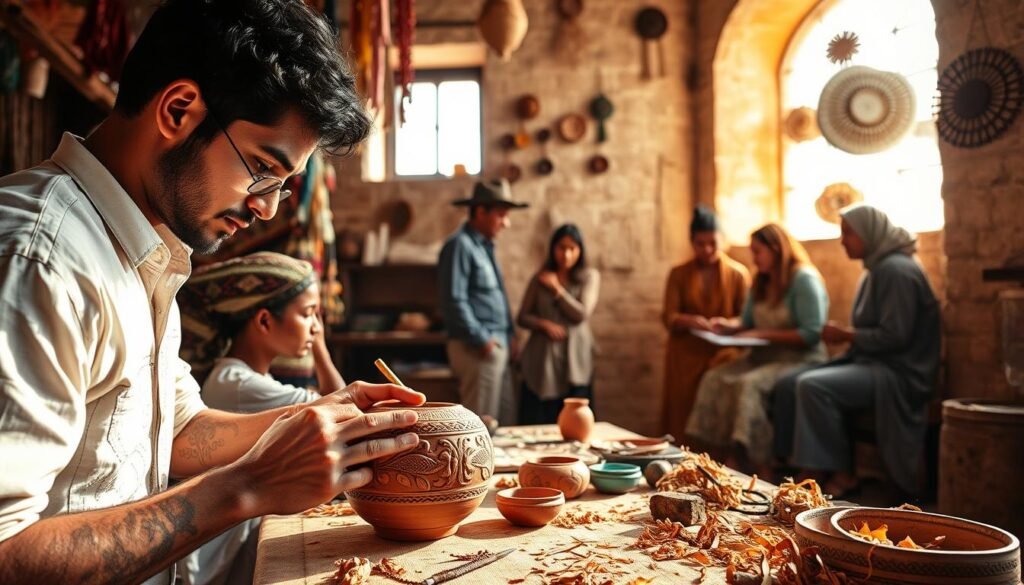 A vibrant artisan workshop in Morocco, showcasing innovative design techniques in traditional craftsmanship. In the foreground, a skilled artisan meticulously carves intricate patterns on a clay pot, surrounded by an array of colorful materials and tools, such as textiles, beads, and wood shavings. The middle layer features a glimpse of collaborative artisans discussing design ideas, dressed in modest casual clothing, all set against a backdrop of rustic stone walls adorned with handcrafted decorations. Warm, natural light streams through a window, casting soft shadows and creating an inviting atmosphere that emphasizes creativity and tradition. The scene conveys a sense of harmony, community, and innovation within the artisanal trade. A vibrant artisan workshop in Morocco, showcasing innovative design techniques in traditional craftsmanship. In the foreground, a skilled artisan meticulously carves intricate patterns on a clay pot, surrounded by an array of colorful materials and tools, such as textiles, beads, and wood shavings. The middle layer features a glimpse of collaborative artisans discussing design ideas, dressed in modest casual clothing, all set against a backdrop of rustic stone walls adorned with handcrafted decorations. Warm, natural light streams through a window, casting soft shadows and creating an inviting atmosphere that emphasizes creativity and tradition. The scene conveys a sense of harmony, community, and innovation within the artisanal trade.