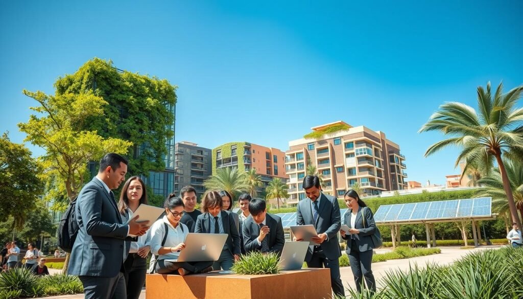 A vibrant campus scene at Université Mohammed VI Polytechnique, focused on sustainable development and innovation. In the foreground, a diverse group of students in professional business attire enthusiastically collaborate on a futuristic project with laptops and eco-friendly materials. In the middle ground, green architecture blends seamlessly with nature, showcasing solar panels and vertical gardens. The background features clear blue skies and modern buildings designed with sustainable principles, surrounded by lush greenery. The scene is illuminated by warm sunlight, creating an inspiring and hopeful atmosphere. Capture the setting with a wide-angle lens to highlight the harmony between technology and nature, emphasizing the commitment to sustainability and innovative solutions for a better future. A vibrant campus scene at Université Mohammed VI Polytechnique, focused on sustainable development and innovation. In the foreground, a diverse group of students in professional business attire enthusiastically collaborate on a futuristic project with laptops and eco-friendly materials. In the middle ground, green architecture blends seamlessly with nature, showcasing solar panels and vertical gardens. The background features clear blue skies and modern buildings designed with sustainable principles, surrounded by lush greenery. The scene is illuminated by warm sunlight, creating an inspiring and hopeful atmosphere. Capture the setting with a wide-angle lens to highlight the harmony between technology and nature, emphasizing the commitment to sustainability and innovative solutions for a better future.