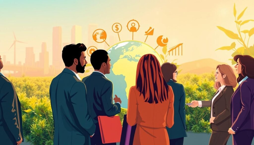 A vibrant, conceptual illustration representing the alignment of sustainable development goals. In the foreground, a diverse group of professionals in business attire, including men and women of various ethnicities, engaging in a collaborative discussion. In the middle ground, a large, stylized globe surrounded by icons symbolizing renewable energy, social equity, and economic growth, showcasing sustainable development themes. The background features a softly lit city skyline and lush greenery, symbolizing harmony between urban and rural environments. Use warm, inviting lighting to create an optimistic and proactive atmosphere, with a slight depth of field effect to emphasize the foreground group. The angle should be slightly elevated, providing a clear view of the interaction and surrounding elements, conveying a sense of unity and purpose. A vibrant, conceptual illustration representing the alignment of sustainable development goals. In the foreground, a diverse group of professionals in business attire, including men and women of various ethnicities, engaging in a collaborative discussion. In the middle ground, a large, stylized globe surrounded by icons symbolizing renewable energy, social equity, and economic growth, showcasing sustainable development themes. The background features a softly lit city skyline and lush greenery, symbolizing harmony between urban and rural environments. Use warm, inviting lighting to create an optimistic and proactive atmosphere, with a slight depth of field effect to emphasize the foreground group. The angle should be slightly elevated, providing a clear view of the interaction and surrounding elements, conveying a sense of unity and purpose.