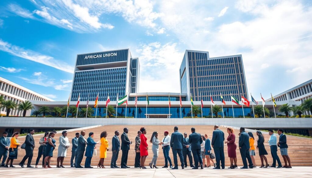A vibrant depiction of key institutions of the African Union, situated in a modern architectural setting, showcasing the African Union headquarters in Addis Ababa, Ethiopia. In the foreground, a diverse group of professionals dressed in business attire engages in a collaborative discussion, symbolizing unity and cooperation. The middle layer features striking buildings with contemporary designs, adorned with flags of member states, reflecting the institution's significance. The background captures a clear blue sky with soft, diffused sunlight, enhancing the overall atmosphere of hope and progress. The scene is imbued with a sense of dignity and professionalism, inviting viewers to appreciate the impactful role of these institutions in African unity and development. A vibrant depiction of key institutions of the African Union, situated in a modern architectural setting, showcasing the African Union headquarters in Addis Ababa, Ethiopia. In the foreground, a diverse group of professionals dressed in business attire engages in a collaborative discussion, symbolizing unity and cooperation. The middle layer features striking buildings with contemporary designs, adorned with flags of member states, reflecting the institution's significance. The background captures a clear blue sky with soft, diffused sunlight, enhancing the overall atmosphere of hope and progress. The scene is imbued with a sense of dignity and professionalism, inviting viewers to appreciate the impactful role of these institutions in African unity and development.