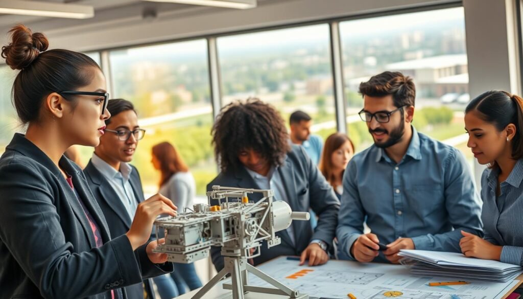 A vibrant, dynamic scene depicting a diverse group of engineering students engaged in collaborative discussions and projects at Ecole Mohammadia d’Ingénieurs. In the foreground, two students, one female with glasses and one male with short hair, are examining a complex engineering model, both dressed in professional business attire. The middle of the image showcases a modern, well-lit classroom filled with cutting-edge technology, engineering blueprints, and bright, colorful learning resources. In the background, large windows reveal a view of a green campus, bathed in warm, natural light, suggesting an atmosphere of innovation and academic excellence. The overall mood is inspiring and focused, capturing the essence of education and identity in engineering. A vibrant, dynamic scene depicting a diverse group of engineering students engaged in collaborative discussions and projects at Ecole Mohammadia d’Ingénieurs. In the foreground, two students, one female with glasses and one male with short hair, are examining a complex engineering model, both dressed in professional business attire. The middle of the image showcases a modern, well-lit classroom filled with cutting-edge technology, engineering blueprints, and bright, colorful learning resources. In the background, large windows reveal a view of a green campus, bathed in warm, natural light, suggesting an atmosphere of innovation and academic excellence. The overall mood is inspiring and focused, capturing the essence of education and identity in engineering.