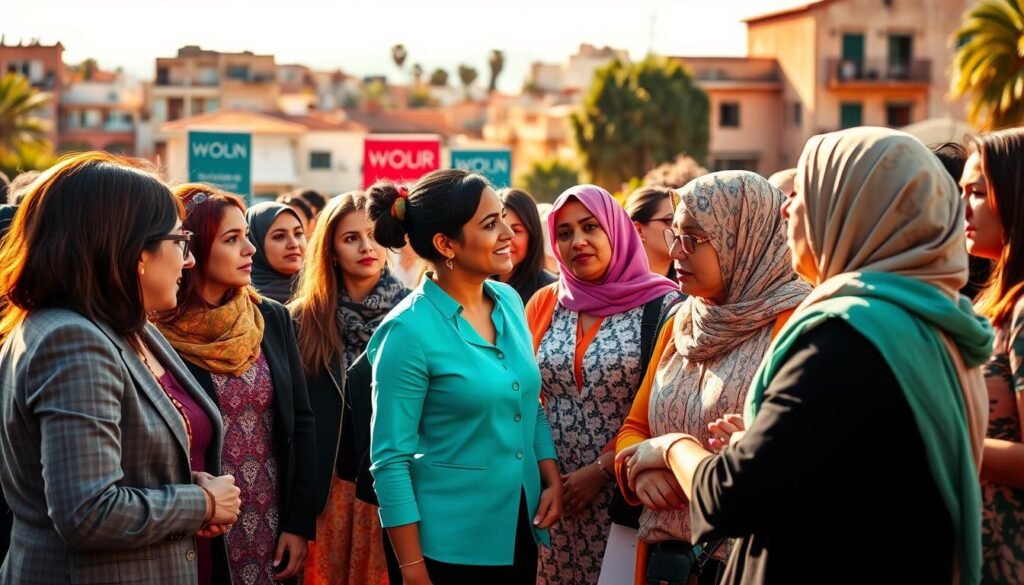 A vibrant gathering of diverse Moroccan women representing the "coalitions mouvements féminins Maroc," engaged in a dynamic discussion. In the foreground, a group of women, dressed in professional business attire and modest casual clothing, are exchanging ideas passionately, showcasing cooperation and solidarity. In the middle ground, banners highlighting various women's rights initiatives are visible, symbolizing their collective efforts for social change. The background features an urban Moroccan landscape, with traditional architecture subtly visible under a bright, warm afternoon sun. The lighting adds a sense of hope and empowerment, while the atmosphere conveys determination and unity, capturing the essence of the initiatives and their impact on social change. A vibrant gathering of diverse Moroccan women representing the "coalitions mouvements féminins Maroc," engaged in a dynamic discussion. In the foreground, a group of women, dressed in professional business attire and modest casual clothing, are exchanging ideas passionately, showcasing cooperation and solidarity. In the middle ground, banners highlighting various women's rights initiatives are visible, symbolizing their collective efforts for social change. The background features an urban Moroccan landscape, with traditional architecture subtly visible under a bright, warm afternoon sun. The lighting adds a sense of hope and empowerment, while the atmosphere conveys determination and unity, capturing the essence of the initiatives and their impact on social change.