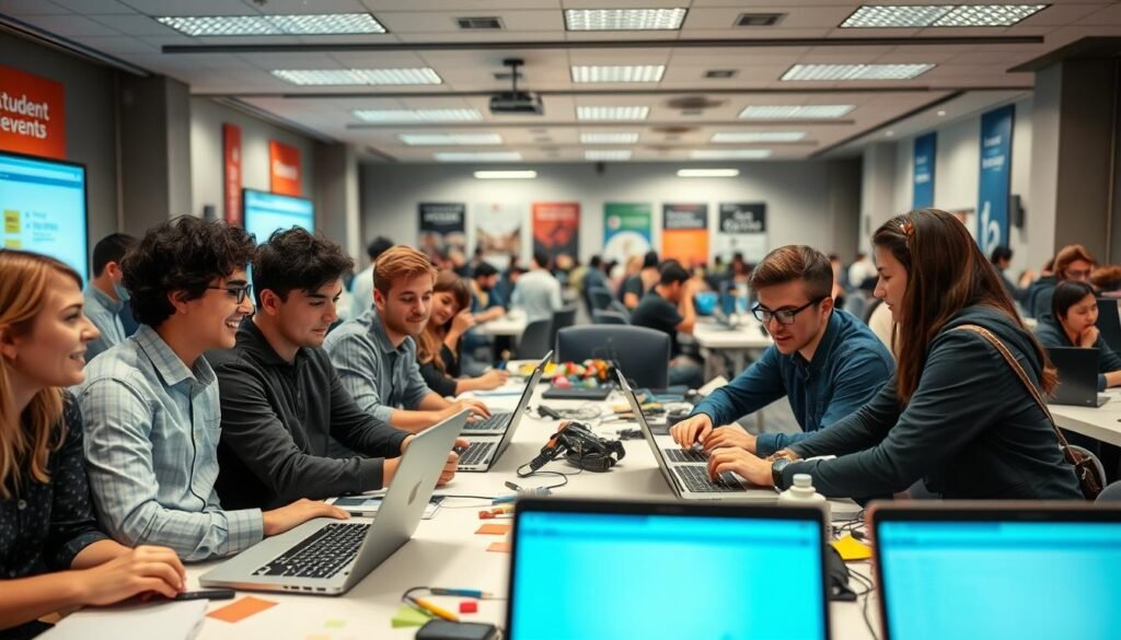 A vibrant hackathon scene filled with diverse university students collaborating at tables covered with laptops, coding on screens and brainstorming on whiteboards. In the foreground, a group of students engaged in animated discussion, dressed in smart casual attire. In the middle ground, other students working intently on their projects, with scattered notebooks and colorful sticky notes creating a creative atmosphere. Bright overhead lighting illuminates the room, with a soft-focus background showcasing banners promoting student events. The mood is energetic and focused, with a sense of camaraderie and innovation. Capture the essence of teamwork and creativity in a bustling university environment, suitable for illustrating a university event dedicated to student engagement. A vibrant hackathon scene filled with diverse university students collaborating at tables covered with laptops, coding on screens and brainstorming on whiteboards. In the foreground, a group of students engaged in animated discussion, dressed in smart casual attire. In the middle ground, other students working intently on their projects, with scattered notebooks and colorful sticky notes creating a creative atmosphere. Bright overhead lighting illuminates the room, with a soft-focus background showcasing banners promoting student events. The mood is energetic and focused, with a sense of camaraderie and innovation. Capture the essence of teamwork and creativity in a bustling university environment, suitable for illustrating a university event dedicated to student engagement.