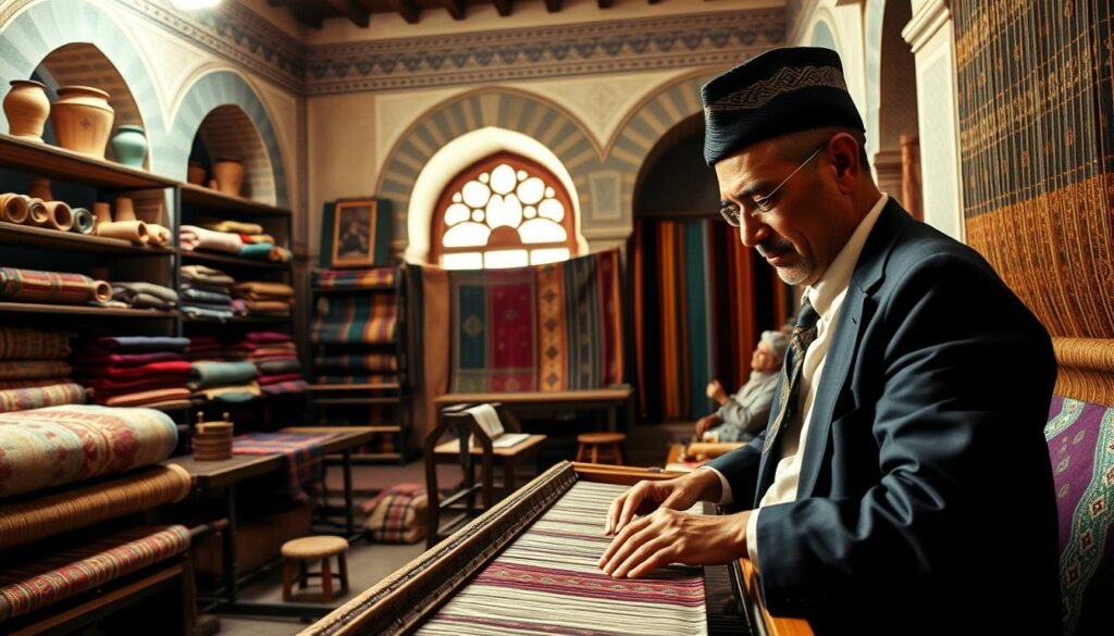 A vibrant historical scene depicting Morocco's textile industry from the 20th century, featuring skilled artisans working with colorful fabrics in a traditional workshop. In the foreground, a man in modest business attire is weaving intricate patterns on a loom, showcasing craftsmanship. The middle ground includes shelves filled with beautifully dyed textiles and spools of thread, giving a sense of the industrious environment. In the background, traditional Moroccan architecture is visible, with ornate tiles and arches that reflect the cultural heritage. Soft, warm lighting illuminates the workspace, creating an inviting atmosphere. The angle is slightly elevated to capture both the artisans and the rich textures of the fabrics, evoking a sense of nostalgia and pride in Morocco's textile history. A vibrant historical scene depicting Morocco's textile industry from the 20th century, featuring skilled artisans working with colorful fabrics in a traditional workshop. In the foreground, a man in modest business attire is weaving intricate patterns on a loom, showcasing craftsmanship. The middle ground includes shelves filled with beautifully dyed textiles and spools of thread, giving a sense of the industrious environment. In the background, traditional Moroccan architecture is visible, with ornate tiles and arches that reflect the cultural heritage. Soft, warm lighting illuminates the workspace, creating an inviting atmosphere. The angle is slightly elevated to capture both the artisans and the rich textures of the fabrics, evoking a sense of nostalgia and pride in Morocco's textile history.