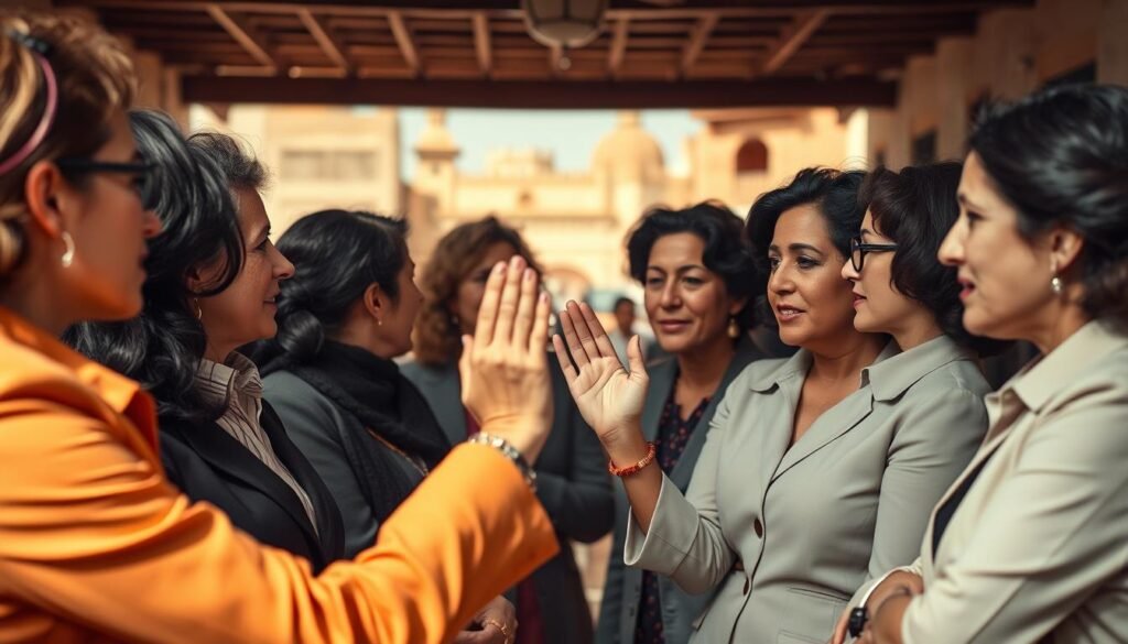 A vibrant historical scene showcasing the Union de l’Action Féminine (UAF) in Morocco, illustrating its journey and evolution. In the foreground, a diverse group of women of various ages and backgrounds, dressed in professional business attire, engaged in a passionate discussion. In the middle, an atmosphere of collaboration and empowerment, with raised hands and expressive gestures that capture the essence of activism. The background features a softly blurred Moroccan landscape, including traditional architecture or a market scene, subtly indicating cultural context. Soft, warm daylight filters through, creating an inviting and inspiring mood. The image is framed with a slightly elevated angle, emphasizing the unity and determination of the women while celebrating the historical significance of their movement. A vibrant historical scene showcasing the Union de l’Action Féminine (UAF) in Morocco, illustrating its journey and evolution. In the foreground, a diverse group of women of various ages and backgrounds, dressed in professional business attire, engaged in a passionate discussion. In the middle, an atmosphere of collaboration and empowerment, with raised hands and expressive gestures that capture the essence of activism. The background features a softly blurred Moroccan landscape, including traditional architecture or a market scene, subtly indicating cultural context. Soft, warm daylight filters through, creating an inviting and inspiring mood. The image is framed with a slightly elevated angle, emphasizing the unity and determination of the women while celebrating the historical significance of their movement.