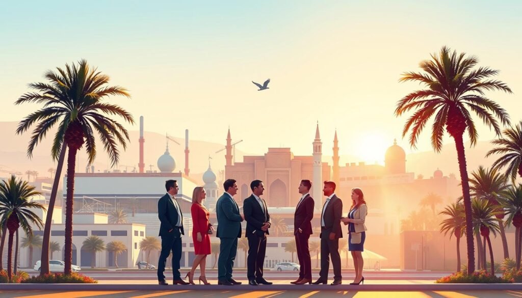 A vibrant illustration of Morocco’s economic landscape, showcasing a bustling free zone with modern industrial buildings in the foreground. The middle section features a diverse group of business professionals, dressed in smart business attire, engaged in discussion and collaboration, symbolizing foreign investment opportunities. In the background, the iconic Moroccan architecture and palm trees create a warm, inviting atmosphere, bathed in golden sunlight that suggests prosperity. The scene is framed with a clear blue sky, enhancing the sense of optimism and growth. The overall mood is one of opportunity and teamwork, capturing the essence of fiscal advantages and incentives for foreign investment in Morocco. A vibrant illustration of Morocco’s economic landscape, showcasing a bustling free zone with modern industrial buildings in the foreground. The middle section features a diverse group of business professionals, dressed in smart business attire, engaged in discussion and collaboration, symbolizing foreign investment opportunities. In the background, the iconic Moroccan architecture and palm trees create a warm, inviting atmosphere, bathed in golden sunlight that suggests prosperity. The scene is framed with a clear blue sky, enhancing the sense of optimism and growth. The overall mood is one of opportunity and teamwork, capturing the essence of fiscal advantages and incentives for foreign investment in Morocco.