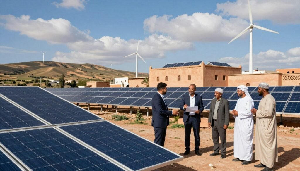 A vibrant landscape showcasing Morocco's energy transition, featuring a mix of traditional and modern energy sources. In the foreground, solar panels and wind turbines are set against a backdrop of rolling hills, symbolizing renewable energy. The middle ground includes a bustling, clean energy entrepreneur discussing plans with local farmers, both dressed in professional attire, fostering collaboration. The background reveals iconic Moroccan architecture with solar rooftops, under a bright blue sky with wise, fluffy clouds. Soft, warm sunlight casts gentle shadows, creating an optimistic atmosphere. The lens offers a wide-angle view to encompass the dynamic interaction of culture and sustainability. A vibrant landscape showcasing Morocco's energy transition, featuring a mix of traditional and modern energy sources. In the foreground, solar panels and wind turbines are set against a backdrop of rolling hills, symbolizing renewable energy. The middle ground includes a bustling, clean energy entrepreneur discussing plans with local farmers, both dressed in professional attire, fostering collaboration. The background reveals iconic Moroccan architecture with solar rooftops, under a bright blue sky with wise, fluffy clouds. Soft, warm sunlight casts gentle shadows, creating an optimistic atmosphere. The lens offers a wide-angle view to encompass the dynamic interaction of culture and sustainability.