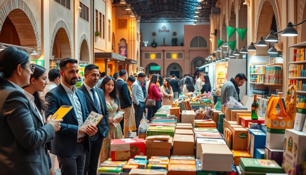 A vibrant marketplace in Morocco showcasing the future of packaging and expansion. In the foreground, diverse professionals in business attire engage in discussions, holding innovative packaging designs. In the middle ground, colorful displays of various eco-friendly packaging materials line the stalls, symbolizing sustainability and growth. The background features traditional Moroccan architecture infused with modern design elements, highlighting the fusion of culture and innovation. Soft, warm lighting casts a golden hue over the scene, creating an inviting atmosphere. A wide-angle perspective captures the bustling activity and excitement of progress, illustrating the dynamic potential of packaging solutions in Morocco's evolving landscape. A vibrant marketplace in Morocco showcasing the future of packaging and expansion. In the foreground, diverse professionals in business attire engage in discussions, holding innovative packaging designs. In the middle ground, colorful displays of various eco-friendly packaging materials line the stalls, symbolizing sustainability and growth. The background features traditional Moroccan architecture infused with modern design elements, highlighting the fusion of culture and innovation. Soft, warm lighting casts a golden hue over the scene, creating an inviting atmosphere. A wide-angle perspective captures the bustling activity and excitement of progress, illustrating the dynamic potential of packaging solutions in Morocco's evolving landscape.