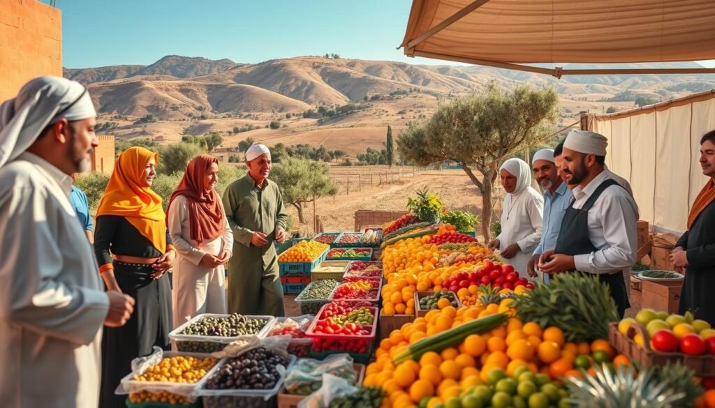 A vibrant marketplace scene focused on the exportation of agricultural products in Morocco. In the foreground, a diverse group of farmers in professional attire, including traditional Moroccan garments, is engaged in friendly discussions, showcasing fresh fruits and vegetables. The middle ground features colorful stalls filled with various agricultural products like olives, citrus fruits, and herbs, beautifully arranged. In the background, the Moroccan landscape with rolling hills and olive groves under a clear blue sky. Soft, warm sunlight bathes the scene, highlighting the vibrant colors and creating a welcoming atmosphere. The mood is lively and optimistic, reflecting the growth in local markets and COPAG's impact on agricultural exports. A vibrant marketplace scene focused on the exportation of agricultural products in Morocco. In the foreground, a diverse group of farmers in professional attire, including traditional Moroccan garments, is engaged in friendly discussions, showcasing fresh fruits and vegetables. The middle ground features colorful stalls filled with various agricultural products like olives, citrus fruits, and herbs, beautifully arranged. In the background, the Moroccan landscape with rolling hills and olive groves under a clear blue sky. Soft, warm sunlight bathes the scene, highlighting the vibrant colors and creating a welcoming atmosphere. The mood is lively and optimistic, reflecting the growth in local markets and COPAG's impact on agricultural exports.