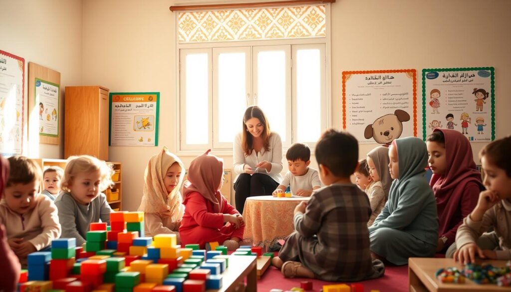 A vibrant preschool classroom in Morocco, showcasing children engaged in educational activities. In the foreground, a diverse group of children are playing with colorful building blocks and interacting with educational toys, all wearing modest casual clothing. In the middle, a teacher, dressed in professional attire, is guiding a small group as they work on a craft project. The background features a bright, sunny window with traditional Moroccan patterns, casting warm, natural light across the room, creating an inviting atmosphere. The walls are adorned with educational posters in Arabic and French, reflecting the cultural context. The overall mood is joyful and focused, highlighting the importance of early childhood education in Morocco. A vibrant preschool classroom in Morocco, showcasing children engaged in educational activities. In the foreground, a diverse group of children are playing with colorful building blocks and interacting with educational toys, all wearing modest casual clothing. In the middle, a teacher, dressed in professional attire, is guiding a small group as they work on a craft project. The background features a bright, sunny window with traditional Moroccan patterns, casting warm, natural light across the room, creating an inviting atmosphere. The walls are adorned with educational posters in Arabic and French, reflecting the cultural context. The overall mood is joyful and focused, highlighting the importance of early childhood education in Morocco.