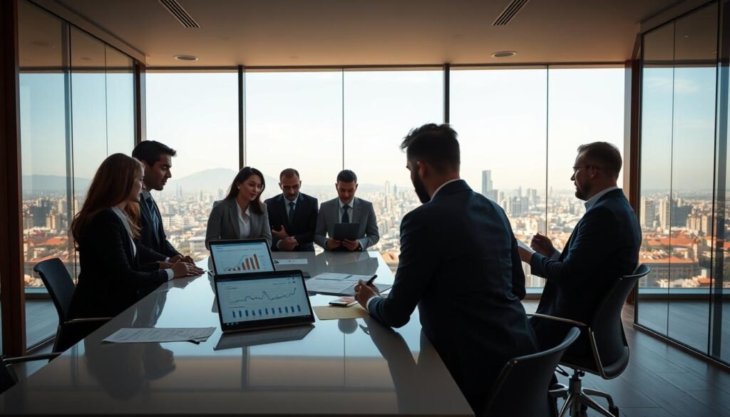 A vibrant, professional setting depicting a strategic business meeting focused on investment opportunities. In the foreground, a diverse group of business people in professional attire, engaged in discussion, analyzing documents, and using digital devices. The middle ground shows a sleek conference table with charts and graphs related to fintech partnerships, a laptop open displaying financial data. The background features a panoramic view of a modern city skyline, symbolizing growth and innovation in the Moroccan fintech sector. Soft, natural lighting fills the room, creating a productive atmosphere, with glass walls showcasing the urban landscape. Emphasize a mood of collaboration and strategic foresight, capturing the essence of financial growth and strategic alliances. A vibrant, professional setting depicting a strategic business meeting focused on investment opportunities. In the foreground, a diverse group of business people in professional attire, engaged in discussion, analyzing documents, and using digital devices. The middle ground shows a sleek conference table with charts and graphs related to fintech partnerships, a laptop open displaying financial data. The background features a panoramic view of a modern city skyline, symbolizing growth and innovation in the Moroccan fintech sector. Soft, natural lighting fills the room, creating a productive atmosphere, with glass walls showcasing the urban landscape. Emphasize a mood of collaboration and strategic foresight, capturing the essence of financial growth and strategic alliances.