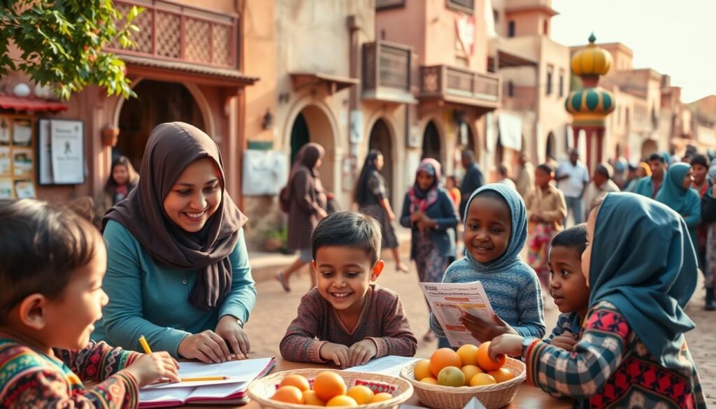 A vibrant scene depicting UNICEF's impactful programs in Morocco, set against a backdrop of iconic Moroccan architecture. In the foreground, children are engaged in educational activities, with a caring, professional-looking UNICEF staff member guiding them, dressed in modest, professional attire. The middle ground features a community health initiative, where families are receiving nutritional support, with fresh fruits and educational materials visible. The background showcases the bustling streets of a Moroccan town, infused with cultural elements like traditional clothing and local crafts. Soft, warm lighting illuminates the scene, creating an atmosphere of hope and community support. The camera angle is slightly elevated, capturing a wide view that emphasizes the joy and engagement of the children and families involved in UNICEF's programs. A vibrant scene depicting UNICEF's impactful programs in Morocco, set against a backdrop of iconic Moroccan architecture. In the foreground, children are engaged in educational activities, with a caring, professional-looking UNICEF staff member guiding them, dressed in modest, professional attire. The middle ground features a community health initiative, where families are receiving nutritional support, with fresh fruits and educational materials visible. The background showcases the bustling streets of a Moroccan town, infused with cultural elements like traditional clothing and local crafts. Soft, warm lighting illuminates the scene, creating an atmosphere of hope and community support. The camera angle is slightly elevated, capturing a wide view that emphasizes the joy and engagement of the children and families involved in UNICEF's programs.