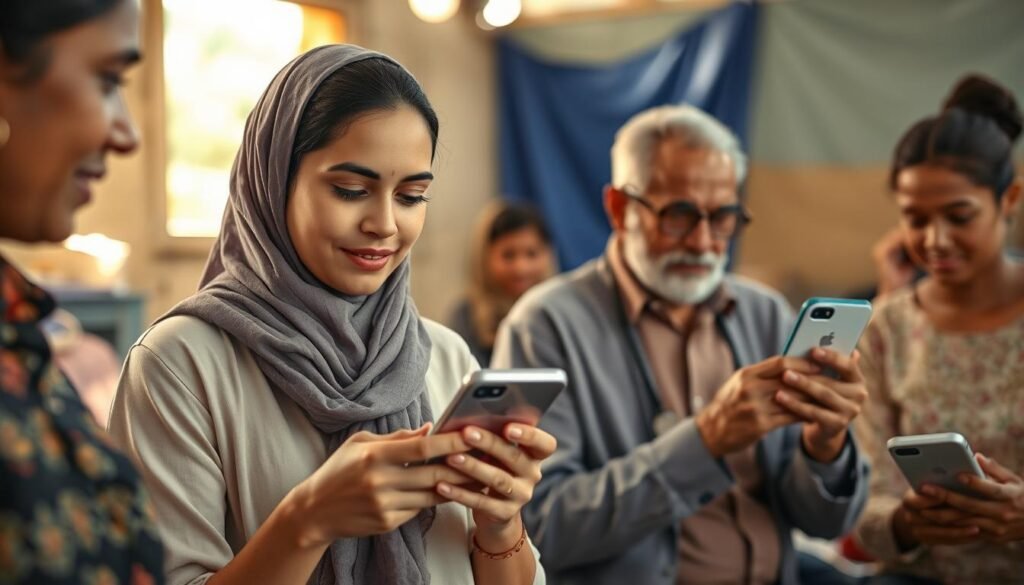 A vibrant scene depicting a mobile health application tailored for refugees, showcasing a diverse group of individuals engaging with their smartphones. In the foreground, a young woman in modest casual clothing is using the app, with a look of concentration and hope. In the middle ground, another person, possibly an elderly man, is consulting a healthcare professional through a video call on the app. The background features a makeshift community center with warm lighting, emphasizing a supportive and innovative atmosphere. The image captures a sense of collaboration and accessibility, highlighting the role of technology in enhancing healthcare for refugees. Soft, natural lighting filters through open windows, creating an inviting and optimistic mood. A vibrant scene depicting a mobile health application tailored for refugees, showcasing a diverse group of individuals engaging with their smartphones. In the foreground, a young woman in modest casual clothing is using the app, with a look of concentration and hope. In the middle ground, another person, possibly an elderly man, is consulting a healthcare professional through a video call on the app. The background features a makeshift community center with warm lighting, emphasizing a supportive and innovative atmosphere. The image captures a sense of collaboration and accessibility, highlighting the role of technology in enhancing healthcare for refugees. Soft, natural lighting filters through open windows, creating an inviting and optimistic mood.