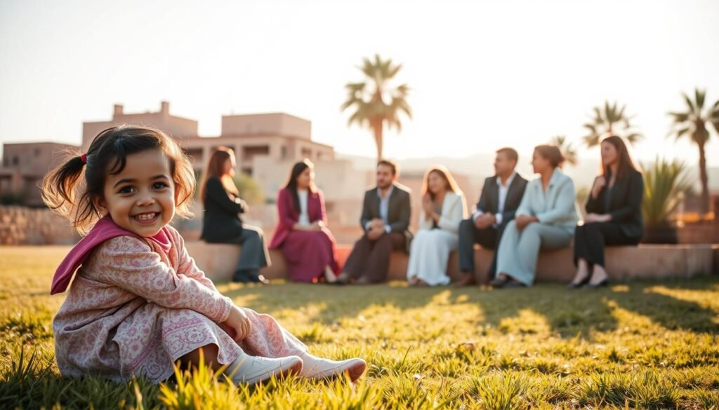 A vibrant scene depicting a young girl and a boy engaged in playful activities outdoors, symbolizing childhood and innocence. In the foreground, they are sitting on the grass, dressed in modest casual clothing. The middle ground features a group of adults in professional attire, discussing initiatives for social change, with an emphasis on community awareness regarding early marriage in Morocco. The background illustrates a typical Moroccan landscape with traditional architecture and palm trees under soft, warm sunlight, creating an inviting atmosphere. The overall mood conveys a sense of hope and empowerment, highlighting the impact of education and community support on children's futures. Capture this scene with a natural, slightly elevated angle to bring depth and warmth to the composition. A vibrant scene depicting a young girl and a boy engaged in playful activities outdoors, symbolizing childhood and innocence. In the foreground, they are sitting on the grass, dressed in modest casual clothing. The middle ground features a group of adults in professional attire, discussing initiatives for social change, with an emphasis on community awareness regarding early marriage in Morocco. The background illustrates a typical Moroccan landscape with traditional architecture and palm trees under soft, warm sunlight, creating an inviting atmosphere. The overall mood conveys a sense of hope and empowerment, highlighting the impact of education and community support on children's futures. Capture this scene with a natural, slightly elevated angle to bring depth and warmth to the composition.