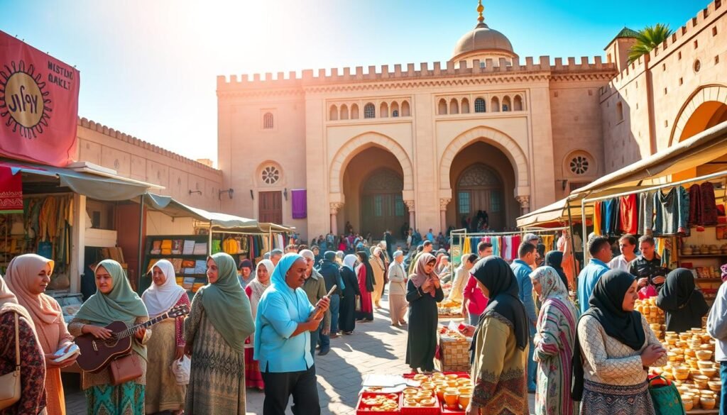 A vibrant scene depicting cultural and social initiatives in Morocco. In the foreground, a diverse group of people engaged in collaborative activities, dressed in modest casual clothing, showcasing a variety of traditional Moroccan crafts, music, and community gatherings. In the middle ground, colorful market stalls filled with handmade goods, showcasing local arts, textiles, and pottery. The background features a historic Moroccan architecture, with intricate tilework and arched doorways, under a clear blue sky infused with warm sunlight creating a welcoming atmosphere. The image should have a soft focus effect to convey a sense of community and warmth, emphasizing cultural harmony and social engagement. A vibrant scene depicting cultural and social initiatives in Morocco. In the foreground, a diverse group of people engaged in collaborative activities, dressed in modest casual clothing, showcasing a variety of traditional Moroccan crafts, music, and community gatherings. In the middle ground, colorful market stalls filled with handmade goods, showcasing local arts, textiles, and pottery. The background features a historic Moroccan architecture, with intricate tilework and arched doorways, under a clear blue sky infused with warm sunlight creating a welcoming atmosphere. The image should have a soft focus effect to convey a sense of community and warmth, emphasizing cultural harmony and social engagement.