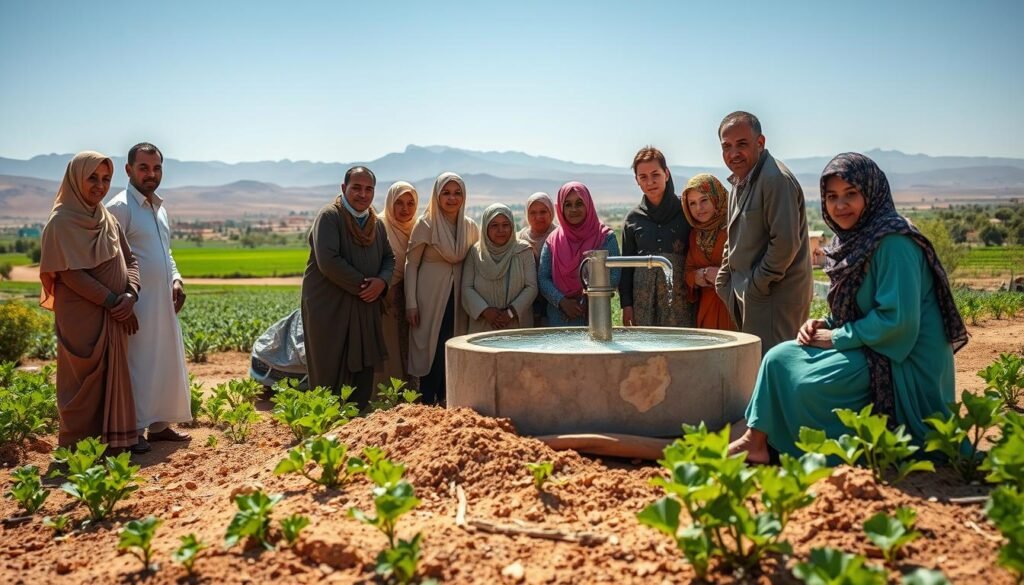 A vibrant scene depicting humanitarian water access projects in Morocco. In the foreground, a diverse group of men and women, dressed in modest clothing, is engaged in installing a solar-powered water pump. Their expressions convey determination and hope. In the middle ground, a newly constructed water reservoir glistens under the sun, surrounded by lush green fields and small crops, symbolizing the positive impact of the project. The background features the arid Moroccan landscape, with distant mountains under a clear blue sky, highlighting the transformation brought by access to clean water. The lighting is warm and inviting, emphasizing a sense of community and progress, captured from a slightly elevated angle to encompass the entire scene. A vibrant scene depicting humanitarian water access projects in Morocco. In the foreground, a diverse group of men and women, dressed in modest clothing, is engaged in installing a solar-powered water pump. Their expressions convey determination and hope. In the middle ground, a newly constructed water reservoir glistens under the sun, surrounded by lush green fields and small crops, symbolizing the positive impact of the project. The background features the arid Moroccan landscape, with distant mountains under a clear blue sky, highlighting the transformation brought by access to clean water. The lighting is warm and inviting, emphasizing a sense of community and progress, captured from a slightly elevated angle to encompass the entire scene.