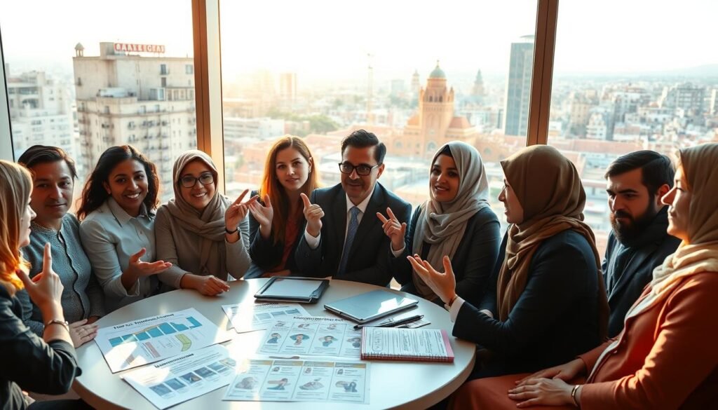 A vibrant scene depicting members of the Moroccan Association for Human Rights (AMDH) engaged in active discussions, showcasing their methods and approaches. In the foreground, a diverse group of individuals dressed in professional business attire and modest casual clothing are seated around a round table, with focused expressions and gesturing hand motions that convey passion. The middle ground features charts and flyers related to human rights advocacy, symbolizing proactive strategies. In the background, a large window reveals a cityscape of Rabat, blending modern architecture with historic buildings, bathed in warm sunlight that filters through, creating a hopeful atmosphere. The overall mood is collaborative and inspiring, emphasizing action and commitment to human rights. A vibrant scene depicting members of the Moroccan Association for Human Rights (AMDH) engaged in active discussions, showcasing their methods and approaches. In the foreground, a diverse group of individuals dressed in professional business attire and modest casual clothing are seated around a round table, with focused expressions and gesturing hand motions that convey passion. The middle ground features charts and flyers related to human rights advocacy, symbolizing proactive strategies. In the background, a large window reveals a cityscape of Rabat, blending modern architecture with historic buildings, bathed in warm sunlight that filters through, creating a hopeful atmosphere. The overall mood is collaborative and inspiring, emphasizing action and commitment to human rights.