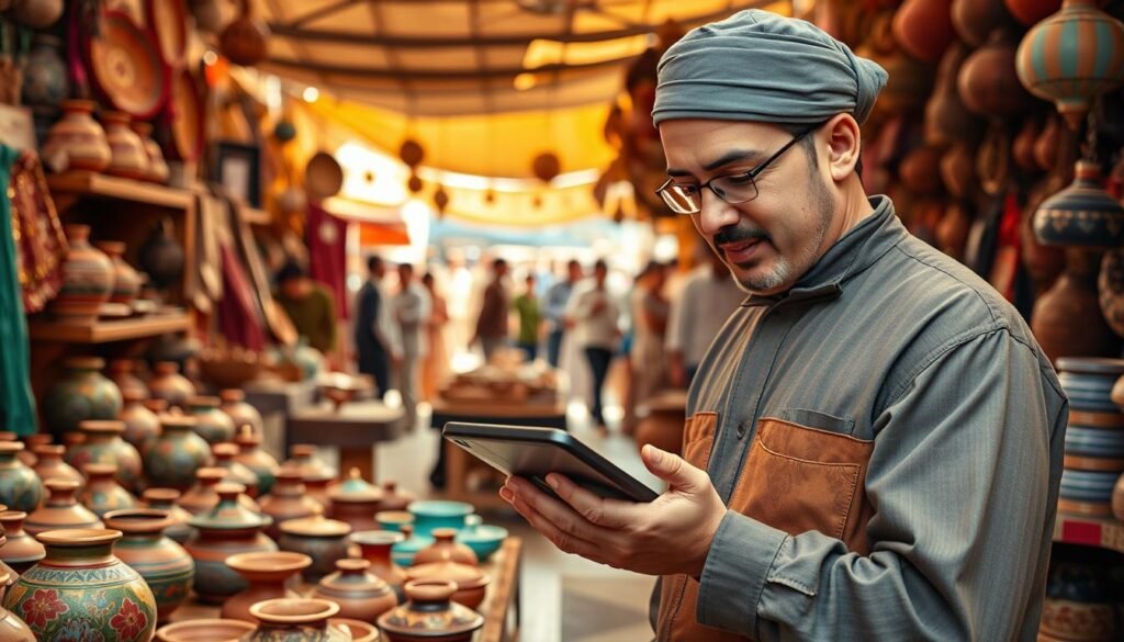 A vibrant scene depicting the digital transformation of traditional Moroccan craftsmanship through an app. In the foreground, a skilled artisan, dressed in modest, professional attire, uses a tablet to showcase intricate handmade pottery, surrounded by colorful artisan products. The middle ground features a cozy workshop filled with traditional artisan tools and a digital screen displaying the app interface, highlighting its features. In the background, a sunlit market bustling with people, blending traditional crafts with modern technology. Use warm, inviting lighting to enhance the atmosphere, with a slight depth of field effect to emphasize the artisan and the app. The mood is one of innovation and cultural richness, capturing the essence of Moroccan craftsmanship in a digital age. A vibrant scene depicting the digital transformation of traditional Moroccan craftsmanship through an app. In the foreground, a skilled artisan, dressed in modest, professional attire, uses a tablet to showcase intricate handmade pottery, surrounded by colorful artisan products. The middle ground features a cozy workshop filled with traditional artisan tools and a digital screen displaying the app interface, highlighting its features. In the background, a sunlit market bustling with people, blending traditional crafts with modern technology. Use warm, inviting lighting to enhance the atmosphere, with a slight depth of field effect to emphasize the artisan and the app. The mood is one of innovation and cultural richness, capturing the essence of Moroccan craftsmanship in a digital age.