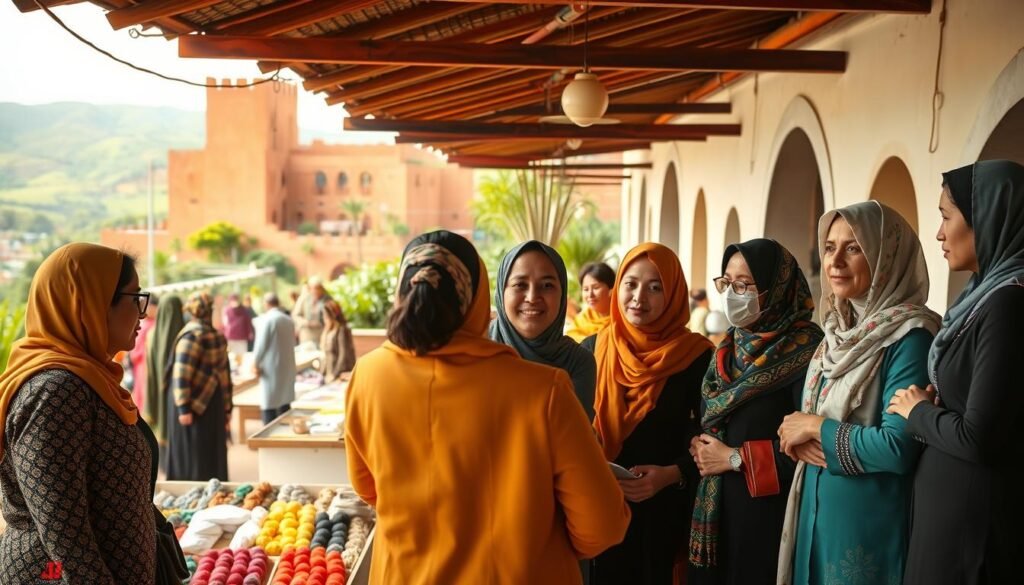 A vibrant scene depicting the impact of actions towards women's empowerment in Morocco. In the foreground, a diverse group of women, dressed in professional business attire and modest casual clothing, are engaged in a collaborative discussion over community development projects, showcasing unity and determination. In the middle ground, a bustling marketplace reflects Moroccan culture, with colorful textiles and goods symbolizing economic activity. In the background, distinct Moroccan architecture merges with green landscapes, representing hope and growth. Soft, warm lighting bathes the scene, creating an uplifting atmosphere. The image should be framed with a slight overhead angle to capture the interaction among the women, emphasizing the spirit of empowerment and collaboration without any text or watermarks. A vibrant scene depicting the impact of actions towards women's empowerment in Morocco. In the foreground, a diverse group of women, dressed in professional business attire and modest casual clothing, are engaged in a collaborative discussion over community development projects, showcasing unity and determination. In the middle ground, a bustling marketplace reflects Moroccan culture, with colorful textiles and goods symbolizing economic activity. In the background, distinct Moroccan architecture merges with green landscapes, representing hope and growth. Soft, warm lighting bathes the scene, creating an uplifting atmosphere. The image should be framed with a slight overhead angle to capture the interaction among the women, emphasizing the spirit of empowerment and collaboration without any text or watermarks.