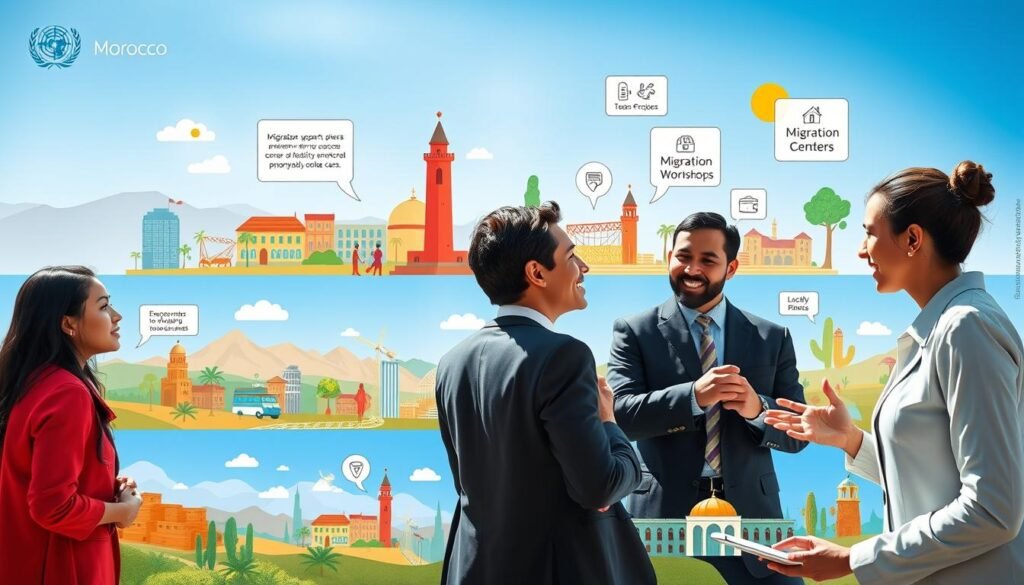 A vibrant scene depicting the key projects of the International Organization for Migration (IOM) in Morocco. In the foreground, a diverse group of professionals in business attire, engaged in a collaborative meeting, exchanging ideas with visible enthusiasm. In the middle ground, illustrations of various projects such as migration support centers and community workshops, showcasing technology, teamwork, and local engagement. The background features iconic Moroccan landscapes, like the Atlas Mountains and urban areas, under a bright blue sky. Natural light enhances the atmosphere of hope and progress. The image captures a spirit of cooperation, innovation, and cultural richness, embodying the impactful work of IOM in Morocco. A vibrant scene depicting the key projects of the International Organization for Migration (IOM) in Morocco. In the foreground, a diverse group of professionals in business attire, engaged in a collaborative meeting, exchanging ideas with visible enthusiasm. In the middle ground, illustrations of various projects such as migration support centers and community workshops, showcasing technology, teamwork, and local engagement. The background features iconic Moroccan landscapes, like the Atlas Mountains and urban areas, under a bright blue sky. Natural light enhances the atmosphere of hope and progress. The image captures a spirit of cooperation, innovation, and cultural richness, embodying the impactful work of IOM in Morocco.