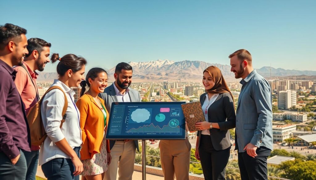 A vibrant scene depicting the technological trends shaping Moroccan society in 2026. In the foreground, a diverse group of professionals in smart casual attire collaborates around a digital display, showcasing data analytics and smart technologies such as IoT devices and renewable energy solutions. The middle ground features a bustling urban landscape, with modern architecture and green spaces, symbolizing innovation and sustainability. The background showcases the Atlas Mountains under a clear blue sky, blending nature and technology harmoniously. The overall atmosphere is optimistic and forward-looking, illuminated by warm, natural lighting that enhances the scene's positivity and creativity. Use a wide-angle lens to capture the dynamic interaction and the expansive environment seamlessly. A vibrant scene depicting the technological trends shaping Moroccan society in 2026. In the foreground, a diverse group of professionals in smart casual attire collaborates around a digital display, showcasing data analytics and smart technologies such as IoT devices and renewable energy solutions. The middle ground features a bustling urban landscape, with modern architecture and green spaces, symbolizing innovation and sustainability. The background showcases the Atlas Mountains under a clear blue sky, blending nature and technology harmoniously. The overall atmosphere is optimistic and forward-looking, illuminated by warm, natural lighting that enhances the scene's positivity and creativity. Use a wide-angle lens to capture the dynamic interaction and the expansive environment seamlessly.