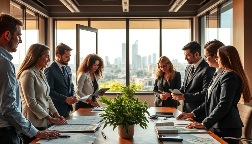 A vibrant scene illustrating the essence of expertise and resources in a development context. Foreground features a diverse group of professionals, dressed in formal business attire, engaged in a collaborative discussion around a table filled with maps, reports, and digital devices. In the middle, an open window reveals greenery, symbolizing growth and sustainability. The background includes a modern office with large glass panels showing the skyline of Rabat, Morocco. Soft, natural lighting floods the scene, creating a warm and inviting atmosphere. Use a slightly elevated angle to capture both the professionals and the inspiring view outside. The mood is dynamic and hopeful, reflecting the impactful work of development initiatives. A vibrant scene illustrating the essence of expertise and resources in a development context. Foreground features a diverse group of professionals, dressed in formal business attire, engaged in a collaborative discussion around a table filled with maps, reports, and digital devices. In the middle, an open window reveals greenery, symbolizing growth and sustainability. The background includes a modern office with large glass panels showing the skyline of Rabat, Morocco. Soft, natural lighting floods the scene, creating a warm and inviting atmosphere. Use a slightly elevated angle to capture both the professionals and the inspiring view outside. The mood is dynamic and hopeful, reflecting the impactful work of development initiatives.