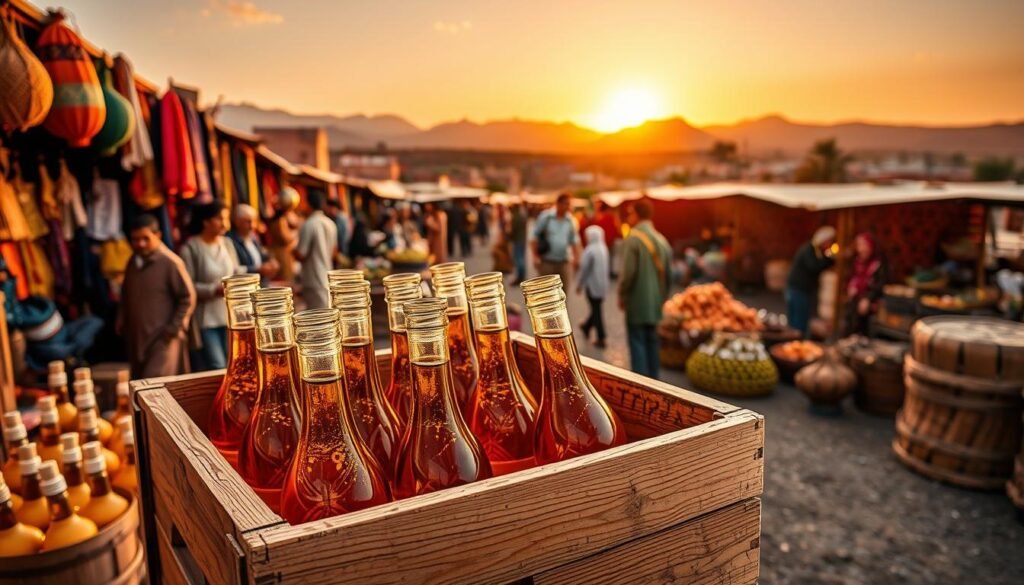A vibrant scene illustrating the exportation of argan oil, showcasing an open wooden crate filled with glistening argan oil bottles in the foreground. The middle ground features a Moroccan market bustling with activity, with colorful textiles, local vendors, and customers engaging in trade. In the background, the sun sets behind the Atlas Mountains, casting a warm golden light over the landscape. The atmosphere is lively and dynamic, conveying the economic impact of the argan oil industry. The overall composition should highlight the beauty of Moroccan culture, using a wide-angle lens to create depth and a sense of community, with soft and warm lighting that enhances the rich colors of the scene. A vibrant scene illustrating the exportation of argan oil, showcasing an open wooden crate filled with glistening argan oil bottles in the foreground. The middle ground features a Moroccan market bustling with activity, with colorful textiles, local vendors, and customers engaging in trade. In the background, the sun sets behind the Atlas Mountains, casting a warm golden light over the landscape. The atmosphere is lively and dynamic, conveying the economic impact of the argan oil industry. The overall composition should highlight the beauty of Moroccan culture, using a wide-angle lens to create depth and a sense of community, with soft and warm lighting that enhances the rich colors of the scene.