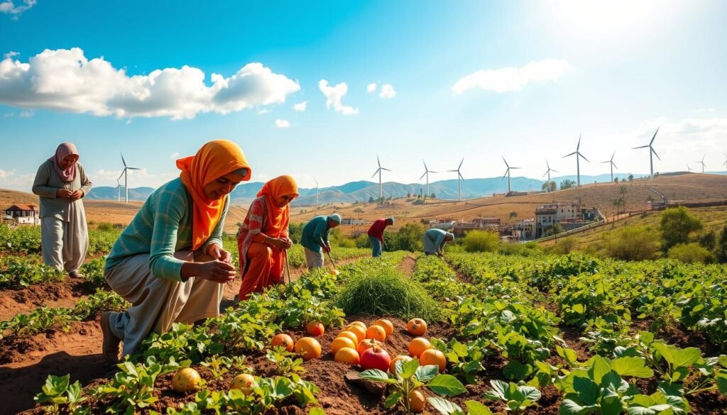 A vibrant scene illustrating the integration of sustainable agricultural practices in Morocco. In the foreground, diverse farmers, dressed in modest casual clothing, are engaged in organic farming activities, planting vegetables and herbs in a lush patch of land. The middle ground displays a variety of crops, including colorful fruits and green plants, under the warm sunlight. In the background, gently rolling hills dotted with traditional Moroccan architecture and wind turbines represent renewable energy sources. The sky is bright blue with a few fluffy clouds, casting soft, natural lighting over the landscape. The atmosphere is serene and optimistic, reflecting a harmonious balance between agriculture and nature, with a focus on sustainability and community collaboration. A vibrant scene illustrating the integration of sustainable agricultural practices in Morocco. In the foreground, diverse farmers, dressed in modest casual clothing, are engaged in organic farming activities, planting vegetables and herbs in a lush patch of land. The middle ground displays a variety of crops, including colorful fruits and green plants, under the warm sunlight. In the background, gently rolling hills dotted with traditional Moroccan architecture and wind turbines represent renewable energy sources. The sky is bright blue with a few fluffy clouds, casting soft, natural lighting over the landscape. The atmosphere is serene and optimistic, reflecting a harmonious balance between agriculture and nature, with a focus on sustainability and community collaboration.