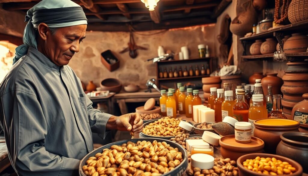 A vibrant scene showcasing a skilled artisan at work in a traditional argan oil cooperative. In the foreground, the artisan, dressed in modest, professional attire, carefully extracts argan oil from nuts using traditional techniques. The middle ground features a beautifully arranged display of argan nuts, oil bottles, and handcrafted products like soaps and creams. In the background, the rustic interior of the cooperative is illuminated by soft, warm lighting, accentuating the natural textures of wood and clay. The atmosphere is one of craftsmanship and heritage, reflecting the rich cultural significance of argan traditions. The image should evoke a sense of pride in artisanal quality and sustainability in Moroccan heritage, with a focus on detail and authenticity. A vibrant scene showcasing a skilled artisan at work in a traditional argan oil cooperative. In the foreground, the artisan, dressed in modest, professional attire, carefully extracts argan oil from nuts using traditional techniques. The middle ground features a beautifully arranged display of argan nuts, oil bottles, and handcrafted products like soaps and creams. In the background, the rustic interior of the cooperative is illuminated by soft, warm lighting, accentuating the natural textures of wood and clay. The atmosphere is one of craftsmanship and heritage, reflecting the rich cultural significance of argan traditions. The image should evoke a sense of pride in artisanal quality and sustainability in Moroccan heritage, with a focus on detail and authenticity.