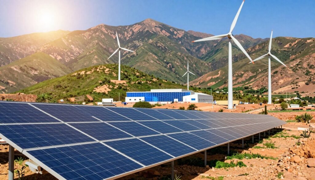 A vibrant scene showcasing renewable energy innovations in Morocco, featuring solar panels glistening under the bright sun in the foreground. Next to them, sleek wind turbines gracefully spin atop a gentle hill, symbolizing sustainable development. In the middle ground, a modern research facility and innovative smart grid technology signify progress. In the background, the dramatic Atlas Mountains create a stunning landscape, partially covered by lush greenery. The lighting is bright and warm, conveying a hopeful atmosphere. The angle offers a panoramic view, emphasizing the harmony between technology and nature. The mood is optimistic, capturing the essence of Morocco’s commitment to ecological transition and renewable technologies. A vibrant scene showcasing renewable energy innovations in Morocco, featuring solar panels glistening under the bright sun in the foreground. Next to them, sleek wind turbines gracefully spin atop a gentle hill, symbolizing sustainable development. In the middle ground, a modern research facility and innovative smart grid technology signify progress. In the background, the dramatic Atlas Mountains create a stunning landscape, partially covered by lush greenery. The lighting is bright and warm, conveying a hopeful atmosphere. The angle offers a panoramic view, emphasizing the harmony between technology and nature. The mood is optimistic, capturing the essence of Morocco’s commitment to ecological transition and renewable technologies.