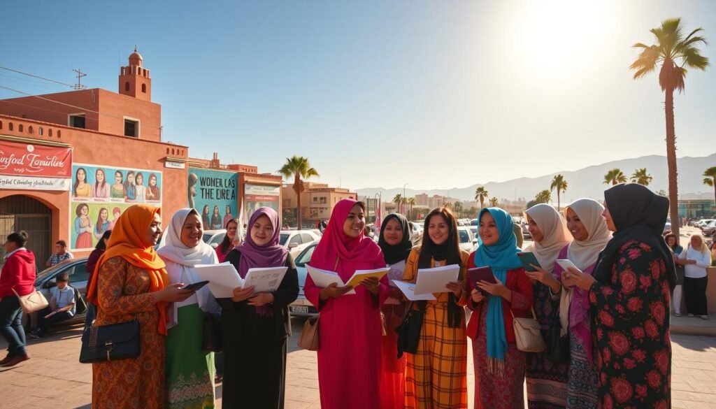 A vibrant scene showcasing the "Union de l’Action Féminine" (UAF) in Morocco, focusing on women's engagement and community impact. In the foreground, a diverse group of women of various ages, dressed in professional attire and traditional Moroccan clothing, engage in lively discussion while holding documents and digital devices, symbolizing collaboration and empowerment. The middle ground features an urban setting with elements of Moroccan architecture, colorful murals celebrating women's achievements, and banners promoting gender equality. The background displays a sunlit urban landscape with palm trees and mountains, under a clear blue sky. The atmosphere is one of positivity and inspiration, captured with warm, natural lighting to evoke a sense of hope and determination. The image should feel dynamic and engaging, reflecting a strong community spirit. A vibrant scene showcasing the "Union de l’Action Féminine" (UAF) in Morocco, focusing on women's engagement and community impact. In the foreground, a diverse group of women of various ages, dressed in professional attire and traditional Moroccan clothing, engage in lively discussion while holding documents and digital devices, symbolizing collaboration and empowerment. The middle ground features an urban setting with elements of Moroccan architecture, colorful murals celebrating women's achievements, and banners promoting gender equality. The background displays a sunlit urban landscape with palm trees and mountains, under a clear blue sky. The atmosphere is one of positivity and inspiration, captured with warm, natural lighting to evoke a sense of hope and determination. The image should feel dynamic and engaging, reflecting a strong community spirit.