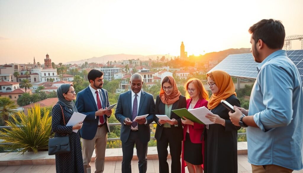 A vibrant scene that visually represents the positive impact of the World Bank on Moroccan development. In the foreground, a diverse group of individuals, including men and women dressed in professional business attire, are engaged in a discussion, holding documents and digital tablets. In the middle ground, a modern urban landscape of Morocco with recognizable architectural elements, such as traditional Moroccan buildings alongside contemporary structures, symbolizes progress. The background features lush greenery and solar panels, reflecting sustainable development. Soft, warm lighting sets a hopeful atmosphere, with a slight sunrise glow in the sky. Use a wide-angle lens to capture the interaction and the environment, conveying a sense of collaboration and growth. A vibrant scene that visually represents the positive impact of the World Bank on Moroccan development. In the foreground, a diverse group of individuals, including men and women dressed in professional business attire, are engaged in a discussion, holding documents and digital tablets. In the middle ground, a modern urban landscape of Morocco with recognizable architectural elements, such as traditional Moroccan buildings alongside contemporary structures, symbolizes progress. The background features lush greenery and solar panels, reflecting sustainable development. Soft, warm lighting sets a hopeful atmosphere, with a slight sunrise glow in the sky. Use a wide-angle lens to capture the interaction and the environment, conveying a sense of collaboration and growth.