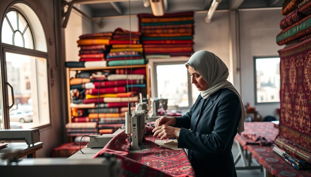 A vibrant textile workshop in Morocco, showcasing artisans at work in a beautifully lit space. In the foreground, focus on a skilled artisan, dressed in modest business attire, carefully sewing colorful fabrics with intricate patterns typical of Moroccan design. The middle background features shelves filled with bolts of richly textured textiles in a spectrum of colors, highlighting traditional motifs. Soft, warm natural light filters through large windows, casting gentle shadows that add depth. In the far background, glimpses of the bustling city can be seen, creating a connection between the craftsmanship and the vibrant culture of Morocco. The atmosphere is lively yet serene, emphasizing the artistic impact of CHIFAE FASHION on the textile industry. A vibrant textile workshop in Morocco, showcasing artisans at work in a beautifully lit space. In the foreground, focus on a skilled artisan, dressed in modest business attire, carefully sewing colorful fabrics with intricate patterns typical of Moroccan design. The middle background features shelves filled with bolts of richly textured textiles in a spectrum of colors, highlighting traditional motifs. Soft, warm natural light filters through large windows, casting gentle shadows that add depth. In the far background, glimpses of the bustling city can be seen, creating a connection between the craftsmanship and the vibrant culture of Morocco. The atmosphere is lively yet serene, emphasizing the artistic impact of CHIFAE FASHION on the textile industry.