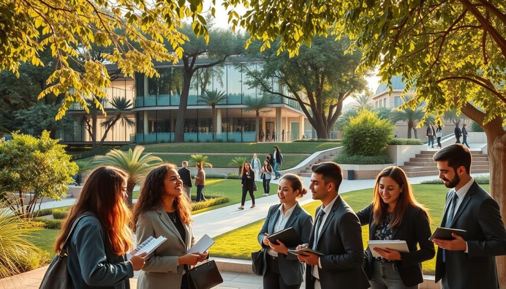 A vibrant university campus scene depicting Université Cadi Ayyad. In the foreground, include a group of diverse students in professional business attire engaged in a lively discussion, surrounded by books and laptops, symbolizing collaboration and learning. In the middle ground, a modern architectural building with large glass windows, showcasing its contemporary design and greenery, is visible, with students walking between classes. The background features lush trees and landscaped gardens, offering a serene study environment. Soft, golden sunlight filters through the leaves, creating warm highlights and long shadows, evoking a welcoming and inspiring atmosphere. The angle of the shot is slightly elevated, providing a comprehensive view of the campus. A vibrant university campus scene depicting Université Cadi Ayyad. In the foreground, include a group of diverse students in professional business attire engaged in a lively discussion, surrounded by books and laptops, symbolizing collaboration and learning. In the middle ground, a modern architectural building with large glass windows, showcasing its contemporary design and greenery, is visible, with students walking between classes. The background features lush trees and landscaped gardens, offering a serene study environment. Soft, golden sunlight filters through the leaves, creating warm highlights and long shadows, evoking a welcoming and inspiring atmosphere. The angle of the shot is slightly elevated, providing a comprehensive view of the campus.