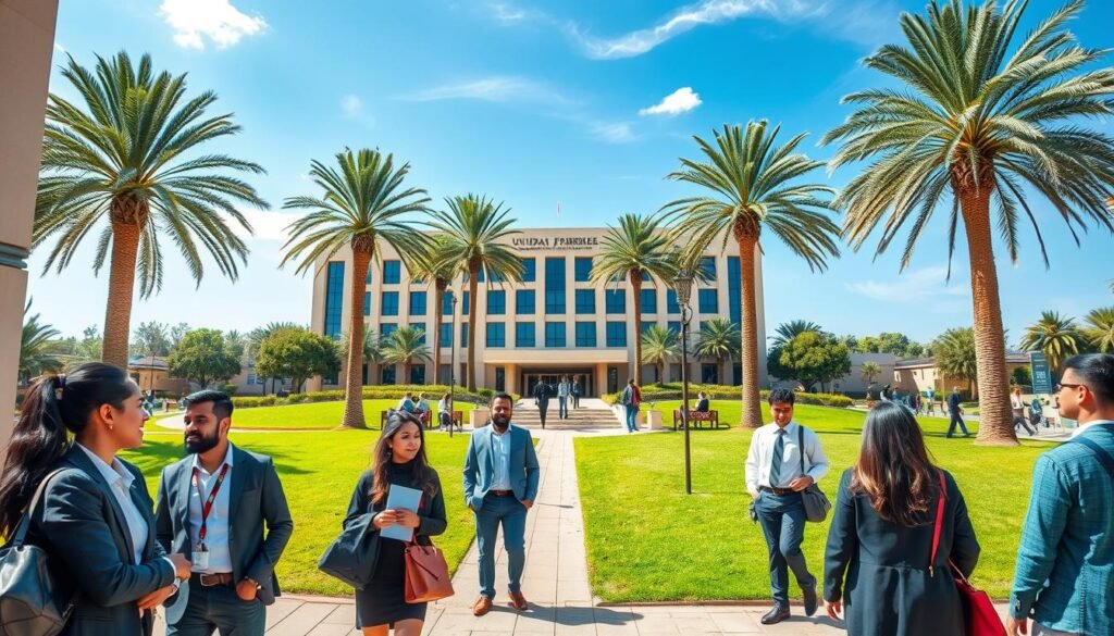 A vibrant university campus scene showcasing the "Université Mohammed Premier" in Oujda, Morocco. The foreground features diverse students of various ethnicities in professional business attire, engaged in animated discussions near modern architecture. In the middle ground, highlight the iconic university building with its contemporary design surrounded by lush green lawns and palm trees, creating a welcoming atmosphere. In the background, a clear blue sky enhances the scene, with a few wispy clouds. Soft, natural sunlight illuminates the campus, casting gentle shadows. Capture a sense of scholarly ambiance and community, emphasizing the university's role in education and culture. Use a slightly angled perspective to create depth, mimicking a student's view as they enter the campus. No text or overlay included. A vibrant university campus scene showcasing the "Université Mohammed Premier" in Oujda, Morocco. The foreground features diverse students of various ethnicities in professional business attire, engaged in animated discussions near modern architecture. In the middle ground, highlight the iconic university building with its contemporary design surrounded by lush green lawns and palm trees, creating a welcoming atmosphere. In the background, a clear blue sky enhances the scene, with a few wispy clouds. Soft, natural sunlight illuminates the campus, casting gentle shadows. Capture a sense of scholarly ambiance and community, emphasizing the university's role in education and culture. Use a slightly angled perspective to create depth, mimicking a student's view as they enter the campus. No text or overlay included.