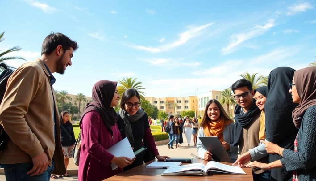 A vibrant university campus scene showcasing "vie étudiante" at Université Ibn Zohr in Morocco. In the foreground, a diverse group of students engaged in animated discussion, dressed in a mix of modest casual clothing and professional attire. The students are gathered around a table on a sunny day, with books and laptops open, symbolizing academic collaboration. In the middle ground, lush greenery and modern architecture of the university are visible, along with other students walking and socializing. The background features a clear blue sky with soft clouds, enhancing the uplifting atmosphere. The lighting is bright and warm, creating a cheerful and inviting mood. The image should be captured from an eye-level angle, emphasizing the interactive and communal spirit of the university's academic life. A vibrant university campus scene showcasing "vie étudiante" at Université Ibn Zohr in Morocco. In the foreground, a diverse group of students engaged in animated discussion, dressed in a mix of modest casual clothing and professional attire. The students are gathered around a table on a sunny day, with books and laptops open, symbolizing academic collaboration. In the middle ground, lush greenery and modern architecture of the university are visible, along with other students walking and socializing. The background features a clear blue sky with soft clouds, enhancing the uplifting atmosphere. The lighting is bright and warm, creating a cheerful and inviting mood. The image should be captured from an eye-level angle, emphasizing the interactive and communal spirit of the university's academic life.