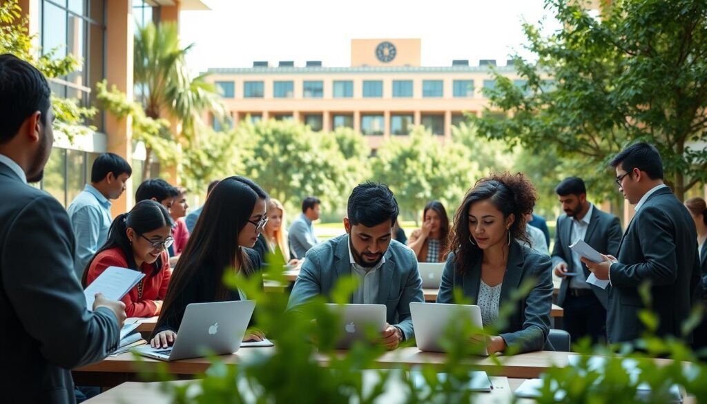 A vibrant university scene showcasing "Formations pluridisciplinaires" at Université Mohammed Premier. In the foreground, diverse students engaged in collaborative projects, each wearing professional attire, focused on their laptops and books. The middle ground features modern classroom settings with large windows allowing natural light to pour in, illuminating discussions between students and a lecturer. In the background, the iconic university building stands with lush greenery surrounding it, symbolizing growth and knowledge. The atmosphere is lively and inspiring, emphasizing growth, learning, and interdisciplinary collaboration. The scene is captured with a warm, inviting color palette and a slight depth of field effect to emphasize the foreground activities, creating a sense of connection and community. A vibrant university scene showcasing "Formations pluridisciplinaires" at Université Mohammed Premier. In the foreground, diverse students engaged in collaborative projects, each wearing professional attire, focused on their laptops and books. The middle ground features modern classroom settings with large windows allowing natural light to pour in, illuminating discussions between students and a lecturer. In the background, the iconic university building stands with lush greenery surrounding it, symbolizing growth and knowledge. The atmosphere is lively and inspiring, emphasizing growth, learning, and interdisciplinary collaboration. The scene is captured with a warm, inviting color palette and a slight depth of field effect to emphasize the foreground activities, creating a sense of connection and community.