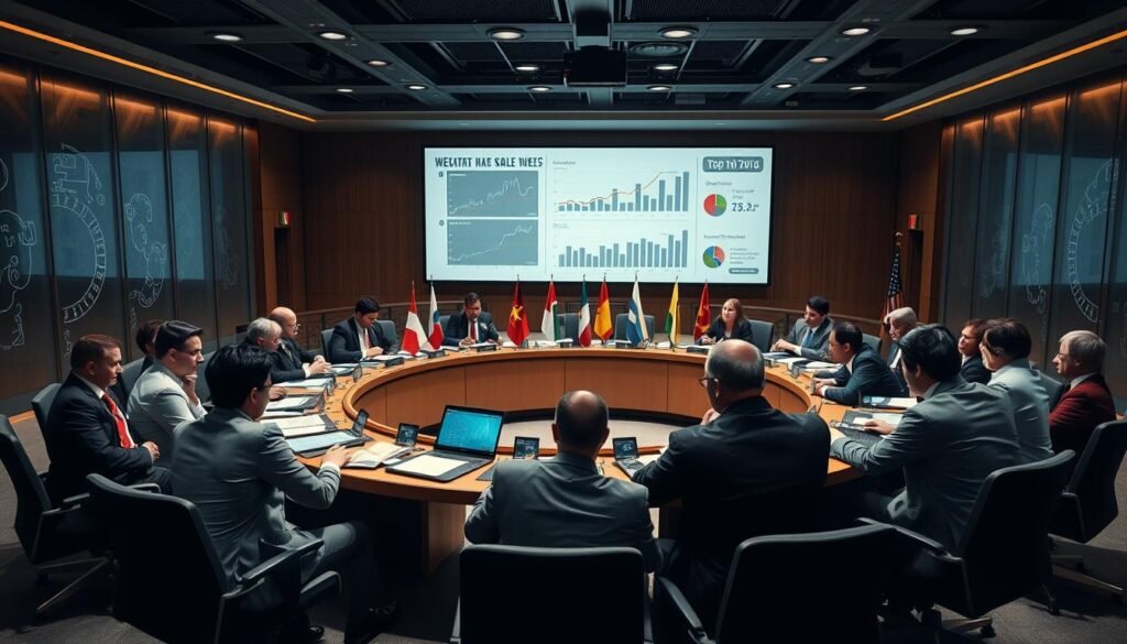 A visual representation symbolizing the contemporary challenges faced by the WTO, featuring a stylized depiction of a WTO meeting room. In the foreground, a diverse group of professionals in business attire engaged in a serious discussion, showcasing expressions of concern and collaboration. The middle ground presents a large circular table filled with documents, laptops, and international flags. The background showcases a modern conference room with a large screen displaying graphs and statistics, dim ambient lighting highlighting the intensity of the meeting. The atmosphere conveys tension and urgency, signifying complex negotiations and the pressing issues of global trade. Use a wide-angle lens to capture the entire scene, with a focus on the dynamic interactions among the participants. A visual representation symbolizing the contemporary challenges faced by the WTO, featuring a stylized depiction of a WTO meeting room. In the foreground, a diverse group of professionals in business attire engaged in a serious discussion, showcasing expressions of concern and collaboration. The middle ground presents a large circular table filled with documents, laptops, and international flags. The background showcases a modern conference room with a large screen displaying graphs and statistics, dim ambient lighting highlighting the intensity of the meeting. The atmosphere conveys tension and urgency, signifying complex negotiations and the pressing issues of global trade. Use a wide-angle lens to capture the entire scene, with a focus on the dynamic interactions among the participants.