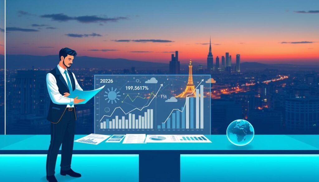 A visually engaging and informative illustration showcasing key data trends related to the public establishment report in Morocco for 2026. In the foreground, a professional analyst in business attire stands confidently, analyzing documents and data charts on a sleek, modern desk. In the middle, intricate graphs and statistical visuals display upward trends and important metrics, surrounded by abstract shapes suggesting growth and progress. In the background, a panoramic view of Casablanca's skyline at dusk, illuminated by soft, ambient lighting, reflects innovation and forward-looking perspectives. The overall mood is optimistic and focused, with a color palette of blues and greens, evoking trust and professionalism. The scene captures a blend of academic rigor and real-world application, designed to evoke interest and clarity on key trends. A visually engaging and informative illustration showcasing key data trends related to the public establishment report in Morocco for 2026. In the foreground, a professional analyst in business attire stands confidently, analyzing documents and data charts on a sleek, modern desk. In the middle, intricate graphs and statistical visuals display upward trends and important metrics, surrounded by abstract shapes suggesting growth and progress. In the background, a panoramic view of Casablanca's skyline at dusk, illuminated by soft, ambient lighting, reflects innovation and forward-looking perspectives. The overall mood is optimistic and focused, with a color palette of blues and greens, evoking trust and professionalism. The scene captures a blend of academic rigor and real-world application, designed to evoke interest and clarity on key trends.