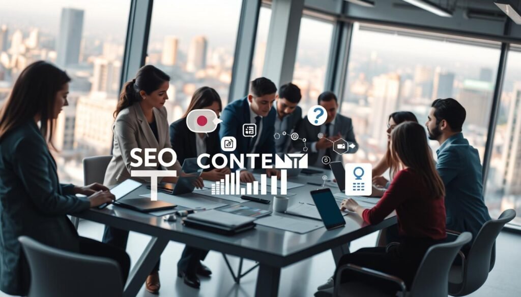 A visually striking composition illustrating the pillars of digital marketing: SEO, content, and social media. In the foreground, a diverse group of professionals, dressed in business attire, collaborate around a modern table covered with digital devices, charts, and documents. In the middle ground, graphics representing SEO, content creation, and social media icons float amid creative brainstorming elements. The background features a sleek office environment with large windows showcasing a vibrant cityscape, symbolizing innovation and growth. Soft, ambient lighting casts a warm glow over the scene, evoking a sense of collaboration and motivation. The overall atmosphere reflects a dynamic and engaging workspace, emphasizing the importance of digital marketing strategies. A visually striking composition illustrating the pillars of digital marketing: SEO, content, and social media. In the foreground, a diverse group of professionals, dressed in business attire, collaborate around a modern table covered with digital devices, charts, and documents. In the middle ground, graphics representing SEO, content creation, and social media icons float amid creative brainstorming elements. The background features a sleek office environment with large windows showcasing a vibrant cityscape, symbolizing innovation and growth. Soft, ambient lighting casts a warm glow over the scene, evoking a sense of collaboration and motivation. The overall atmosphere reflects a dynamic and engaging workspace, emphasizing the importance of digital marketing strategies.