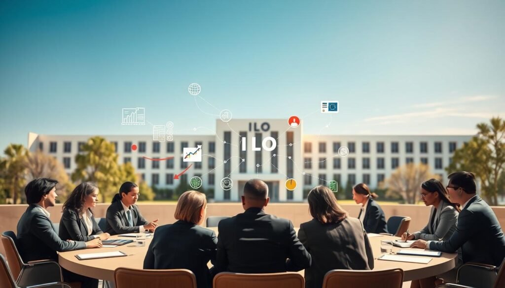 A visually striking representation of the governance structure of the International Labour Organization (ILO). In the foreground, depict a round table with diverse professionals in formal business attire engaged in a discussion, symbolizing collaboration and decision-making. In the middle ground, place abstract representations of key governance elements such as charts, arrows, and interconnected lines, showcasing a network of communication and roles. The background should feature a stylized building representing the ILO headquarters, illuminated by soft, natural lighting that conveys a sense of hope and progress. Use a slight bird's-eye angle to capture the dynamic atmosphere of international cooperation, with a clear blue sky that suggests a bright future and inclusivity. A visually striking representation of the governance structure of the International Labour Organization (ILO). In the foreground, depict a round table with diverse professionals in formal business attire engaged in a discussion, symbolizing collaboration and decision-making. In the middle ground, place abstract representations of key governance elements such as charts, arrows, and interconnected lines, showcasing a network of communication and roles. The background should feature a stylized building representing the ILO headquarters, illuminated by soft, natural lighting that conveys a sense of hope and progress. Use a slight bird's-eye angle to capture the dynamic atmosphere of international cooperation, with a clear blue sky that suggests a bright future and inclusivity.