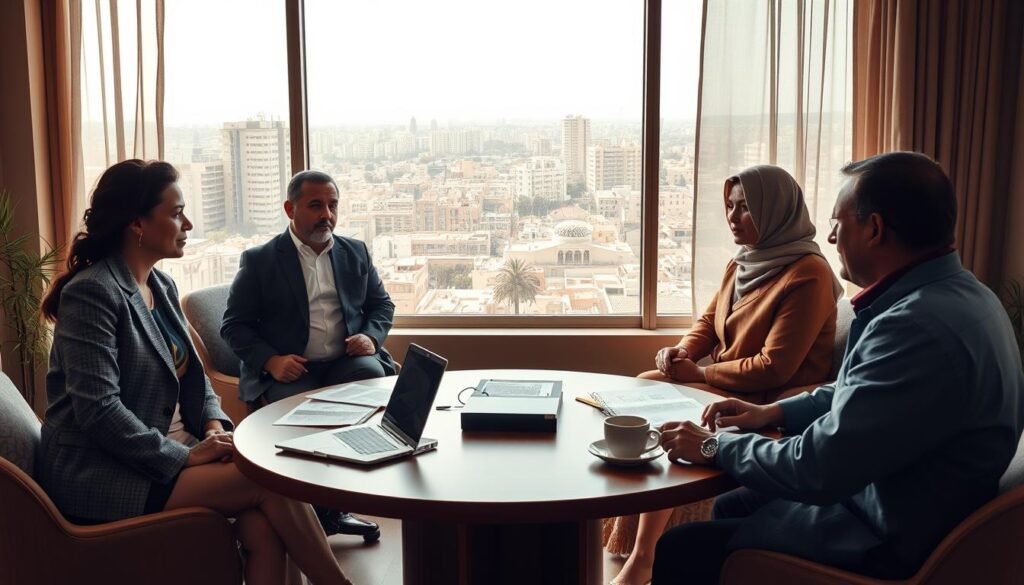 A visually striking scene depicting a debate on human rights involving the Moroccan Association of Human Rights. In the foreground, a diverse group of five professionals, including an Arab woman in a smart blazer, a North African man in a crisp shirt, and others in modest business attire, are engaged in a passionate discussion. Their facial expressions convey intensity and commitment. The middle ground features a large round table scattered with documents, a laptop, and a cup of coffee, symbolizing collaboration and debate. In the background, a large window showcases a cityscape, suggesting a contemporary Moroccan setting during the day with soft natural lighting illuminating the room. The overall mood is serious yet hopeful, emphasizing the importance of dialogue in defending human rights. A visually striking scene depicting a debate on human rights involving the Moroccan Association of Human Rights. In the foreground, a diverse group of five professionals, including an Arab woman in a smart blazer, a North African man in a crisp shirt, and others in modest business attire, are engaged in a passionate discussion. Their facial expressions convey intensity and commitment. The middle ground features a large round table scattered with documents, a laptop, and a cup of coffee, symbolizing collaboration and debate. In the background, a large window showcases a cityscape, suggesting a contemporary Moroccan setting during the day with soft natural lighting illuminating the room. The overall mood is serious yet hopeful, emphasizing the importance of dialogue in defending human rights.