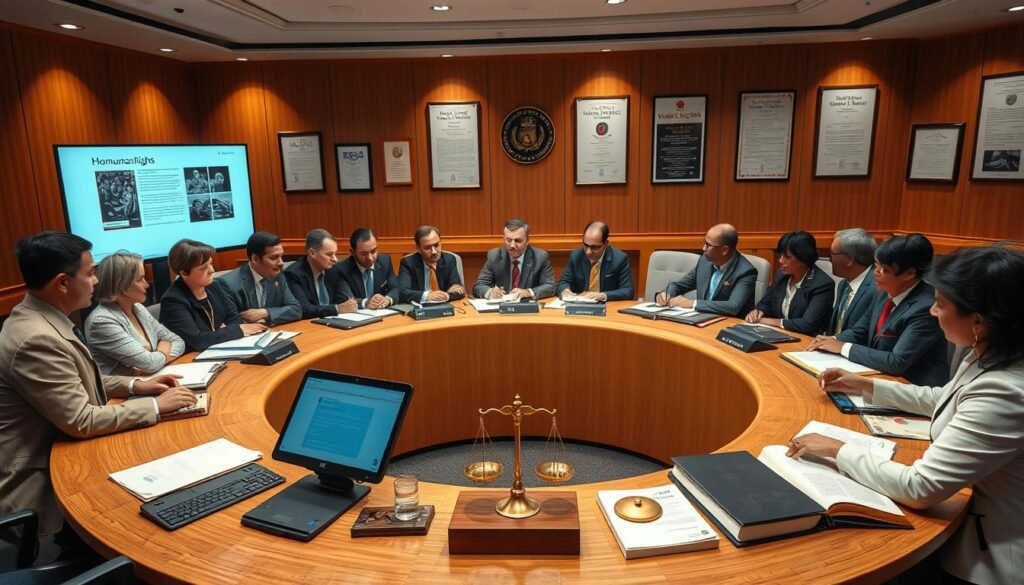 A well-organized conference room emphasizing institutional human rights practices. In the foreground, a diverse group of professionals in business attire, engaged in a discussion, with focused expressions, looking at documents and a digital presentation screen. The middle ground features a large round table adorned with symbolic representations of human rights, such as scales of justice and open books. In the background, walls decorated with framed certificates and posters of human rights declarations. The room is illuminated by soft, warm lights, creating a serious yet hopeful atmosphere, captured with a wide-angle lens to showcase the collaborative environment. A well-organized conference room emphasizing institutional human rights practices. In the foreground, a diverse group of professionals in business attire, engaged in a discussion, with focused expressions, looking at documents and a digital presentation screen. The middle ground features a large round table adorned with symbolic representations of human rights, such as scales of justice and open books. In the background, walls decorated with framed certificates and posters of human rights declarations. The room is illuminated by soft, warm lights, creating a serious yet hopeful atmosphere, captured with a wide-angle lens to showcase the collaborative environment.