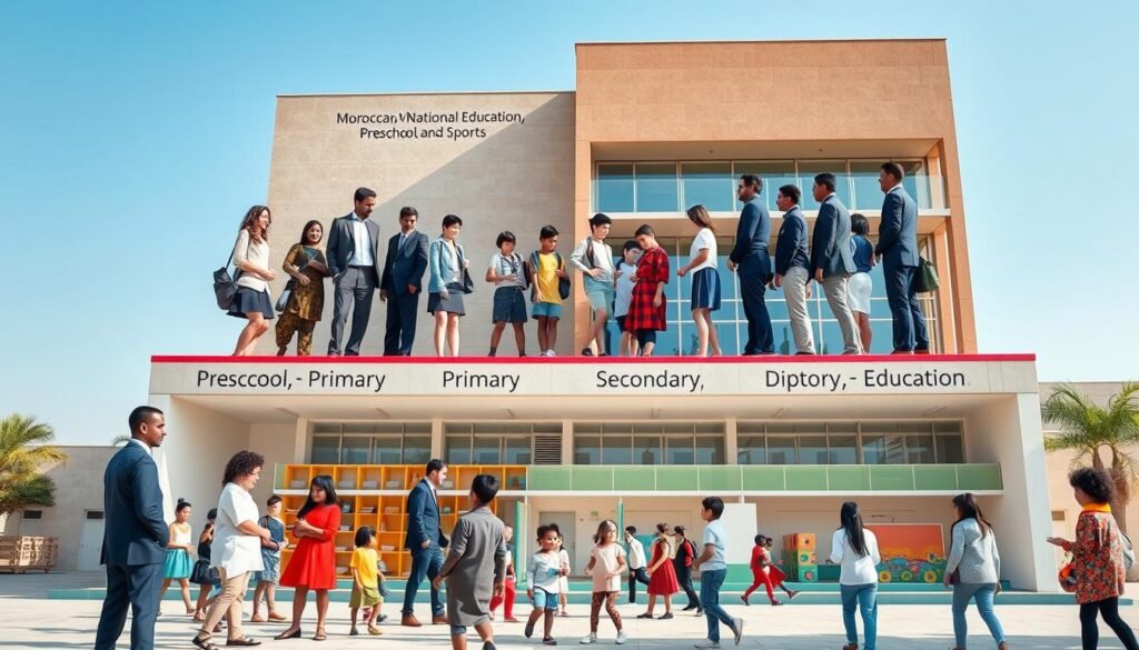 A well-organized scene depicting the structure of the Moroccan Ministry of National Education, Preschool, and Sports, showcasing three distinct layers: foreground featuring diverse, professional individuals in business attire engaging in discussions near a modern building, representing preschool, primary, and secondary education; middle ground illustrating children of various ages participating in learning activities indoors and outdoors, emphasizing inclusivity and cooperation; background presenting a contemporary educational facility with vibrant classrooms and sports areas under a clear blue sky. Soft, natural lighting brightens the scene, creating an uplifting and inspiring atmosphere. The angle is slightly elevated to capture the interaction between students and educators, reflecting the essence of education in Morocco without any text or watermarks. A well-organized scene depicting the structure of the Moroccan Ministry of National Education, Preschool, and Sports, showcasing three distinct layers: foreground featuring diverse, professional individuals in business attire engaging in discussions near a modern building, representing preschool, primary, and secondary education; middle ground illustrating children of various ages participating in learning activities indoors and outdoors, emphasizing inclusivity and cooperation; background presenting a contemporary educational facility with vibrant classrooms and sports areas under a clear blue sky. Soft, natural lighting brightens the scene, creating an uplifting and inspiring atmosphere. The angle is slightly elevated to capture the interaction between students and educators, reflecting the essence of education in Morocco without any text or watermarks.