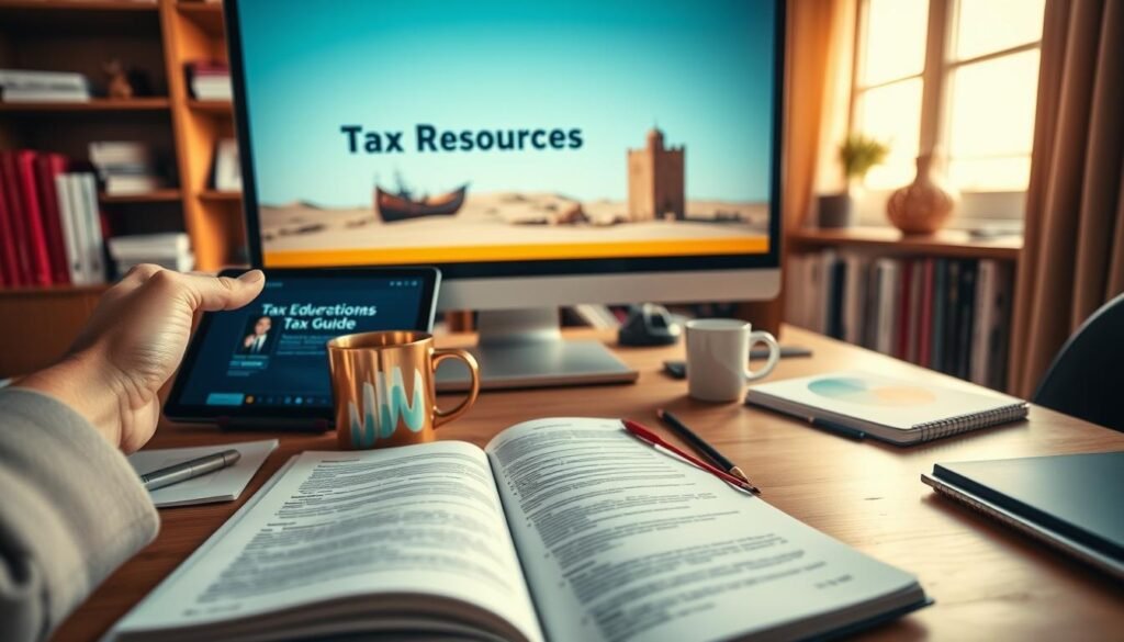 A well-organized workspace featuring a desktop computer displaying a video guide on tax resources in Morocco. The foreground includes a hand interacting with a tablet, showing a digital tax guide, while a stylish coffee mug sits beside it. In the middle ground, an open notebook lies with neatly organized notes about tax regulations. The background showcases a bookshelf filled with tax-related books and Moroccan paraphernalia, softly blurred. The scene is illuminated by warm, natural light coming from a large window, creating a professional yet inviting atmosphere. The camera angle is slightly above eye level, emphasizing the desk's layout and giving it a dynamic perspective. The overall mood is informative and focused, ideal for conveying the importance of tax education and resources. A well-organized workspace featuring a desktop computer displaying a video guide on tax resources in Morocco. The foreground includes a hand interacting with a tablet, showing a digital tax guide, while a stylish coffee mug sits beside it. In the middle ground, an open notebook lies with neatly organized notes about tax regulations. The background showcases a bookshelf filled with tax-related books and Moroccan paraphernalia, softly blurred. The scene is illuminated by warm, natural light coming from a large window, creating a professional yet inviting atmosphere. The camera angle is slightly above eye level, emphasizing the desk's layout and giving it a dynamic perspective. The overall mood is informative and focused, ideal for conveying the importance of tax education and resources.