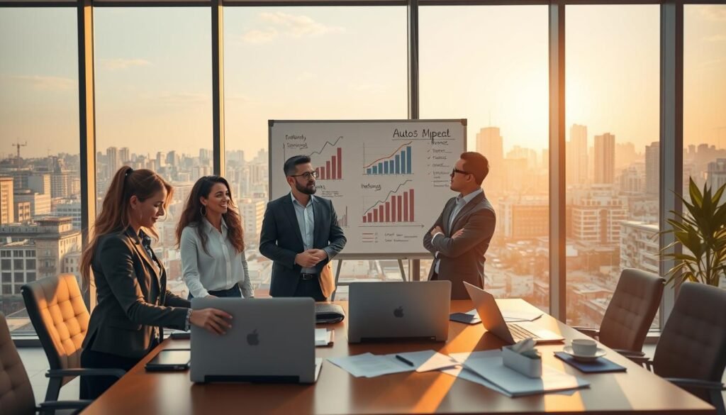 An illustration depicting the impact of recent reforms for auto-entrepreneurs in Morocco, set in a modern office environment. In the foreground, a diverse group of three professionals (a woman and two men) in business attire discussing ideas enthusiastically, with laptops and documents scattered on a table. The middle ground features a whiteboard filled with charts and graphs symbolizing growth and reform impact on small businesses. In the background, large windows reveal a bustling cityscape of Casablanca, bathed in warm, natural light during the day. The atmosphere is one of optimism and innovation, capturing a sense of progress and future possibilities for small entrepreneurs in 2026. Soft lens focus on the group to emphasize their engagement. An illustration depicting the impact of recent reforms for auto-entrepreneurs in Morocco, set in a modern office environment. In the foreground, a diverse group of three professionals (a woman and two men) in business attire discussing ideas enthusiastically, with laptops and documents scattered on a table. The middle ground features a whiteboard filled with charts and graphs symbolizing growth and reform impact on small businesses. In the background, large windows reveal a bustling cityscape of Casablanca, bathed in warm, natural light during the day. The atmosphere is one of optimism and innovation, capturing a sense of progress and future possibilities for small entrepreneurs in 2026. Soft lens focus on the group to emphasize their engagement.