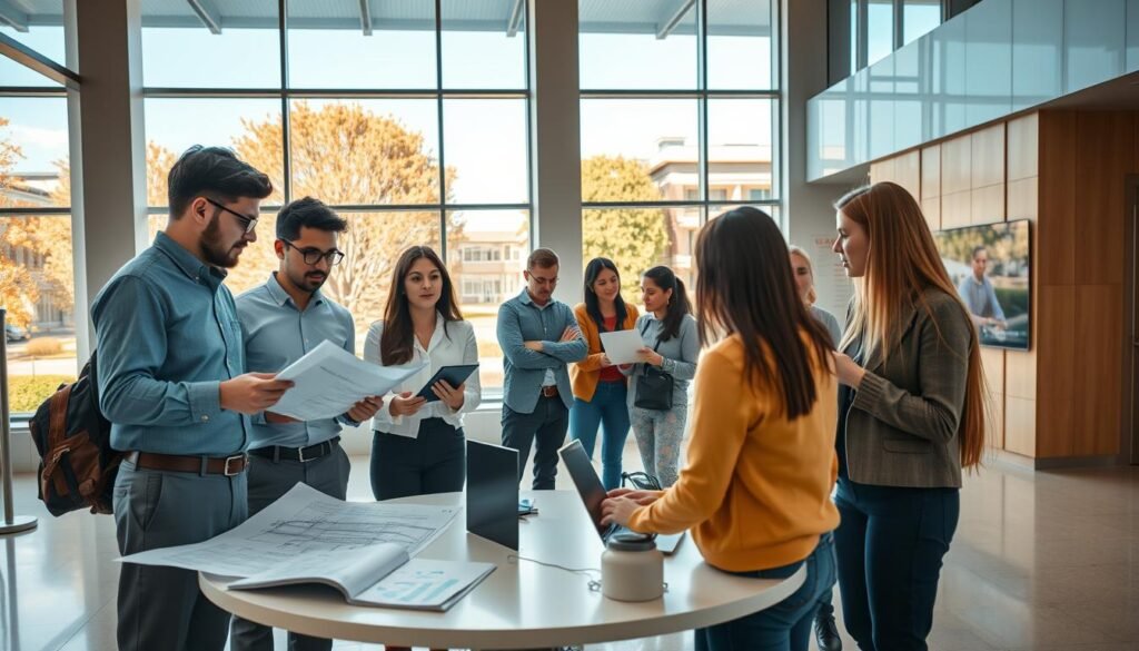 An international collaboration scene set in a modern engineering school lobby, showcasing diverse students and professionals engaged in discussions and teamwork. In the foreground, a group of four individuals in professional attire—two men and two women of different ethnicities—are examining blueprints and digital devices together. In the middle ground, additional students are collaborating at a round table with laptops, engaged in animated conversation, while others are presenting ideas on a digital screen. In the background, large windows let in warm, natural light, revealing a vibrant campus with trees and a clear blue sky. The atmosphere is one of innovation, connectivity, and cross-cultural partnership, emphasizing the importance of international cooperation in engineering education. The image is captured with a wide-angle lens to convey a sense of openness and dynamism. An international collaboration scene set in a modern engineering school lobby, showcasing diverse students and professionals engaged in discussions and teamwork. In the foreground, a group of four individuals in professional attire—two men and two women of different ethnicities—are examining blueprints and digital devices together. In the middle ground, additional students are collaborating at a round table with laptops, engaged in animated conversation, while others are presenting ideas on a digital screen. In the background, large windows let in warm, natural light, revealing a vibrant campus with trees and a clear blue sky. The atmosphere is one of innovation, connectivity, and cross-cultural partnership, emphasizing the importance of international cooperation in engineering education. The image is captured with a wide-angle lens to convey a sense of openness and dynamism.