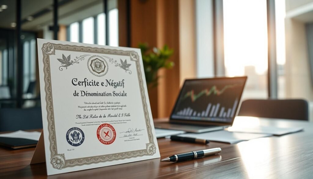 An official certificate titled "Certificat Négatif de Dénomination Sociale" prominently displayed in the foreground, emphasizing its formal design with intricate borders and an official seal. The middle layer features a well-organized desk scattered with business documents, a modern laptop open with financial graphs on the screen, and a stylish pen beside the certificate, suggesting a diverse business environment. In the background, a blurred corporate office setting showcases tall glass windows with soft natural light streaming in, casting gentle shadows and creating a professional atmosphere. The overall mood is focused, serious, and conducive to business, catering to the theme of entrepreneurship in Morocco. The colors should be warm and inviting, with a slight emphasis on blues and grays that denote professionalism. An official certificate titled "Certificat Négatif de Dénomination Sociale" prominently displayed in the foreground, emphasizing its formal design with intricate borders and an official seal. The middle layer features a well-organized desk scattered with business documents, a modern laptop open with financial graphs on the screen, and a stylish pen beside the certificate, suggesting a diverse business environment. In the background, a blurred corporate office setting showcases tall glass windows with soft natural light streaming in, casting gentle shadows and creating a professional atmosphere. The overall mood is focused, serious, and conducive to business, catering to the theme of entrepreneurship in Morocco. The colors should be warm and inviting, with a slight emphasis on blues and grays that denote professionalism.